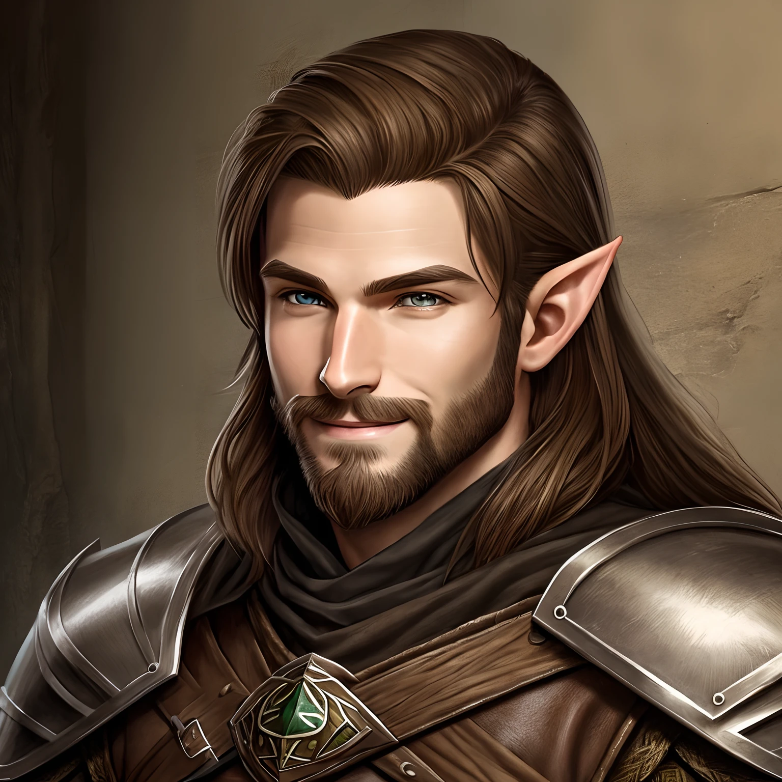 realistic portrait, Half-elf with a short beard, Slender Male Ranger, detailed character portrait, Dungeons and dragons, smiling, lightweight leather armor, brown eyes, long hair