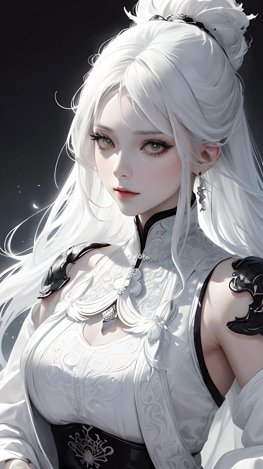 Close up portrait of woman with white hair and white mask, beautiful character painting, Costume Black and White Ink Style, face delicate color, watercolor paiting, Light color, martial arts style, national style, Detailed beautiful face, waist seal, Sharp eyes