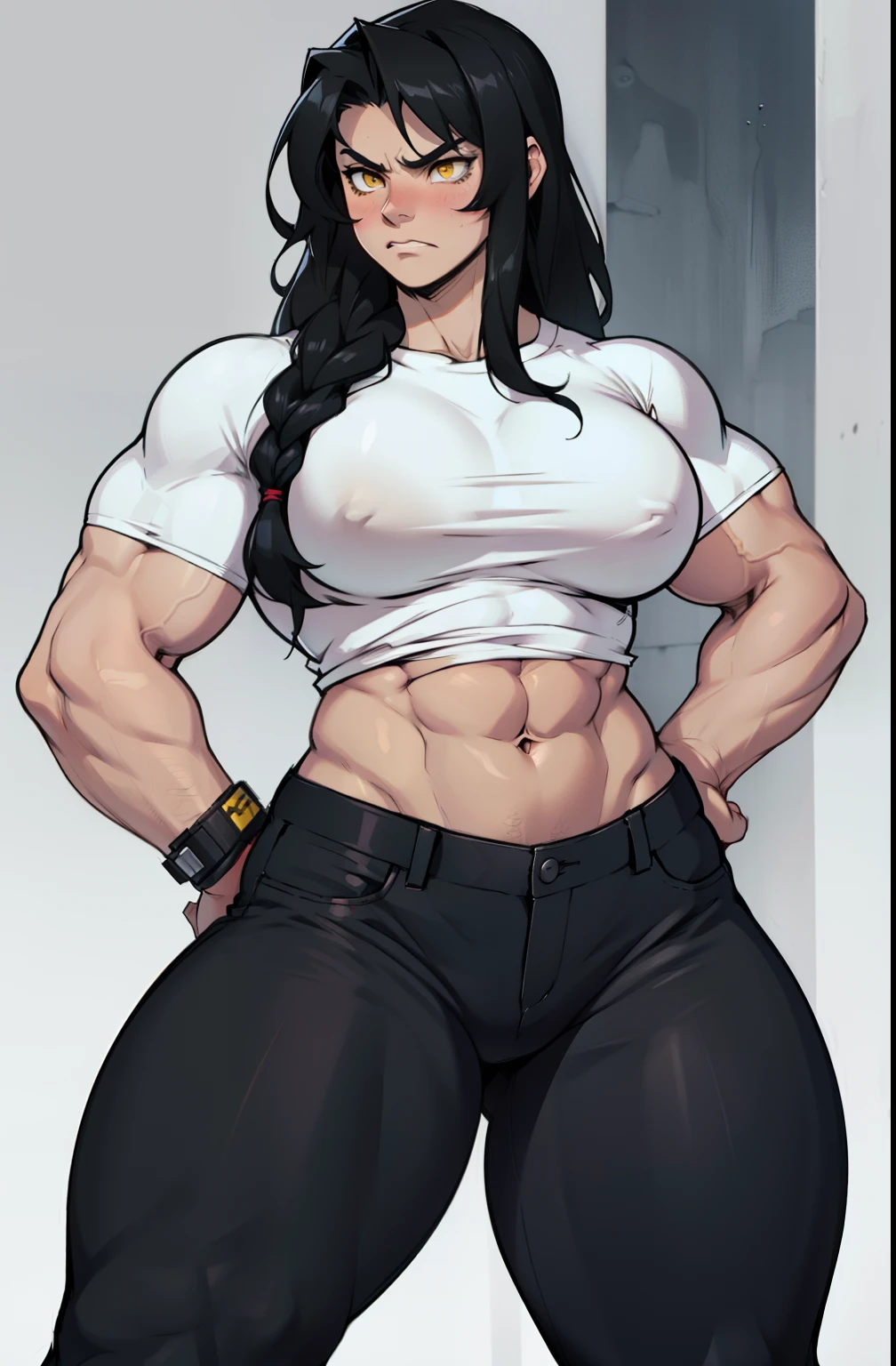 1girl, extremely long hair, solo, ((muscular)), veins, black hair, yellow eyes, blushing, thick thighs, pale skin, strong, veins, abs, big thighs, huge breasts, navel, standing, angry, tight pants, tight shirt