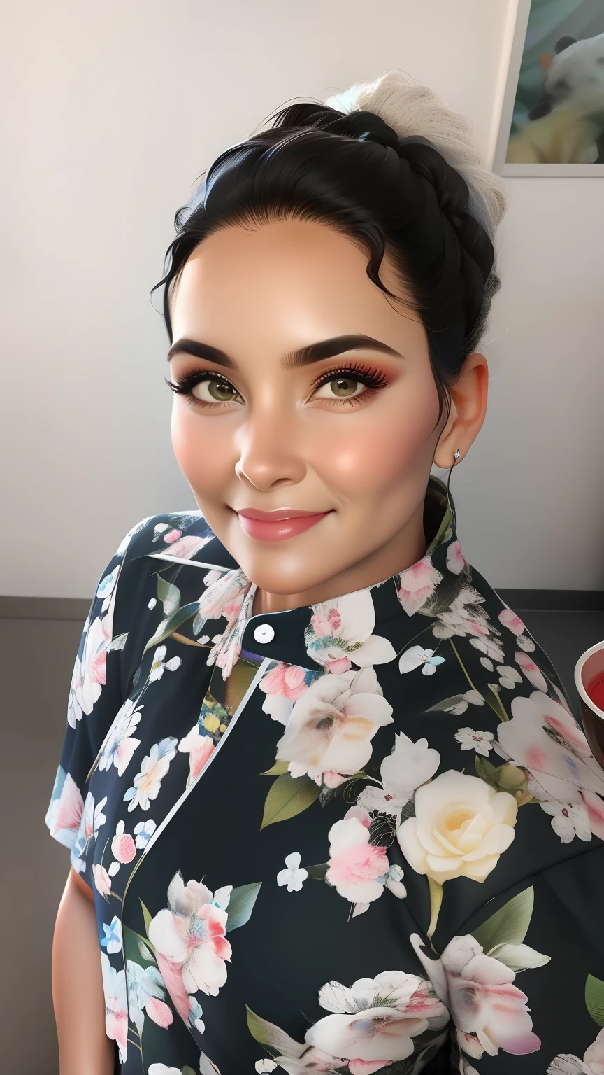 obra-prima, melhor qualidade, trabalho de rending 3d, estilo 3DMM, close-up, retrato, 3D, mulher 43 anos, pele morela, olhos castanhos, black eyeglasses, medium wavy black hair, soft braces smile, 80 kg sobrepeso, veste blusa azul claro, manga comprida com volume, holding a mug of coffee, ao lado de uma mesa de estudos, na mesa uma agenda aberta, canetas, pencils. Cores Candy color, cute