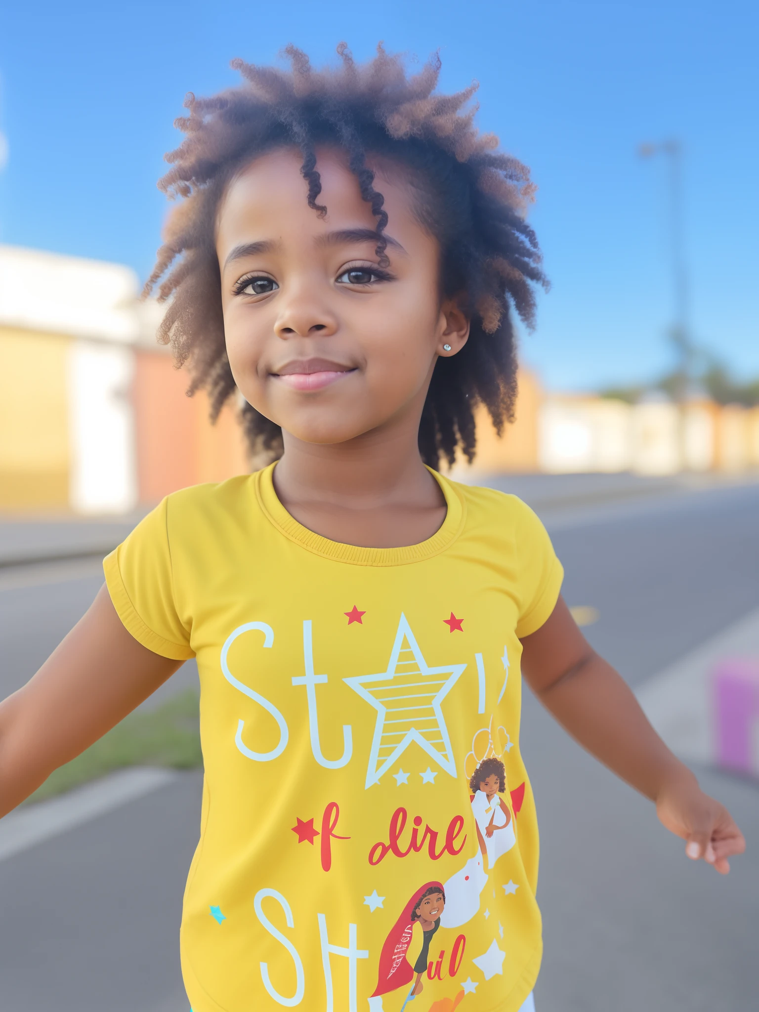 There's a young woman on the street with her arms outstretched, Menina africana de pele clara, imagem retrato, Menina afro-americana, 2 anos, quatro anos, , afro encaracolado, com afro, retrato frontal de uma menina, foto retrato, estrelas em seus olhos, Tiro no iPhone 1 3 Pro Max, cheio de detalhes