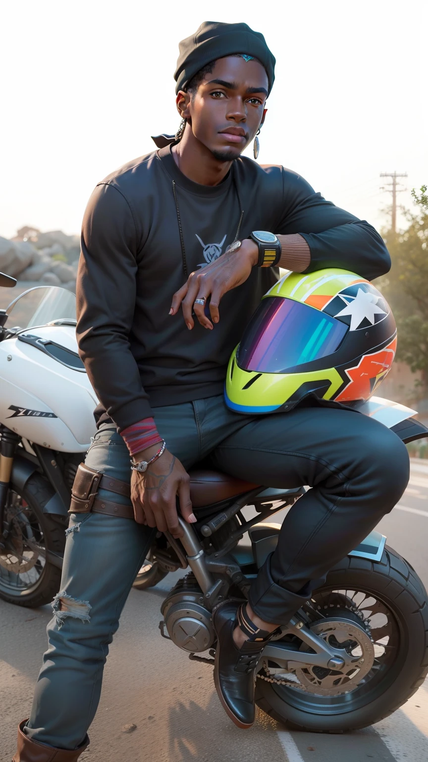 Jovens de 27 anos em uma corrida de moto da Pixar, dark skin with a cap on his head, sombrancelha grossa .