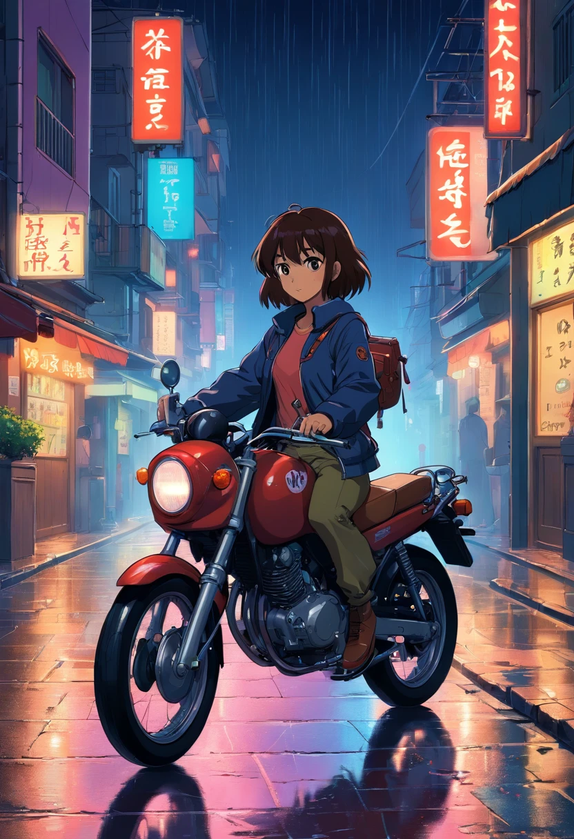1girl, Brown skin, cabelo vermelho curto, olhos castanhos, vestindo regata preta, vestindo preto_jaqueta de couro roxo, black leather pants, sentado na motocicleta, at night, Botas de couro pretas, Rua da cidade, solo molhado pela chuva, drooping, night time, Neon sign in the background, Beautiful, absurdos, alta resolução, ultrasharp, 8k, master part, Olhando para o Viewer.