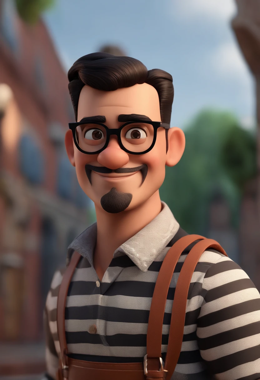 Cartoon character of a man with round black glasses and short beard and a black striped shirt, animation character, Caractere estilizado, animation style rendering, 3D estilizado, Arnold Maya render, 3 d render stylized, toon render keyshot, Personagem 3D, Personagem 3D, 3d rendering stylized, 3 d character render, personagem de desenho animado, Personagem de close up, Pose de personagem, (Estilo Pixar) (master part:1.2) (Bokeh) (melhor qualidade) (pele detalhada) (textura detalhada) (8k) (argila) (Cinematic lighting) (foco nítido