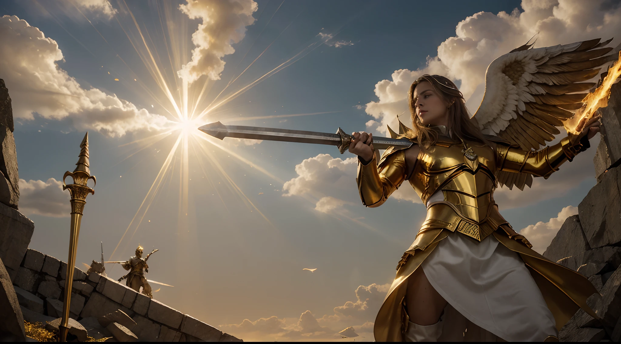the 8k, archangels Michael, in combat, against the forces of evil, sword of fire, golden spear, golden trumpet, silver bow, golden clouds, shining sun rays