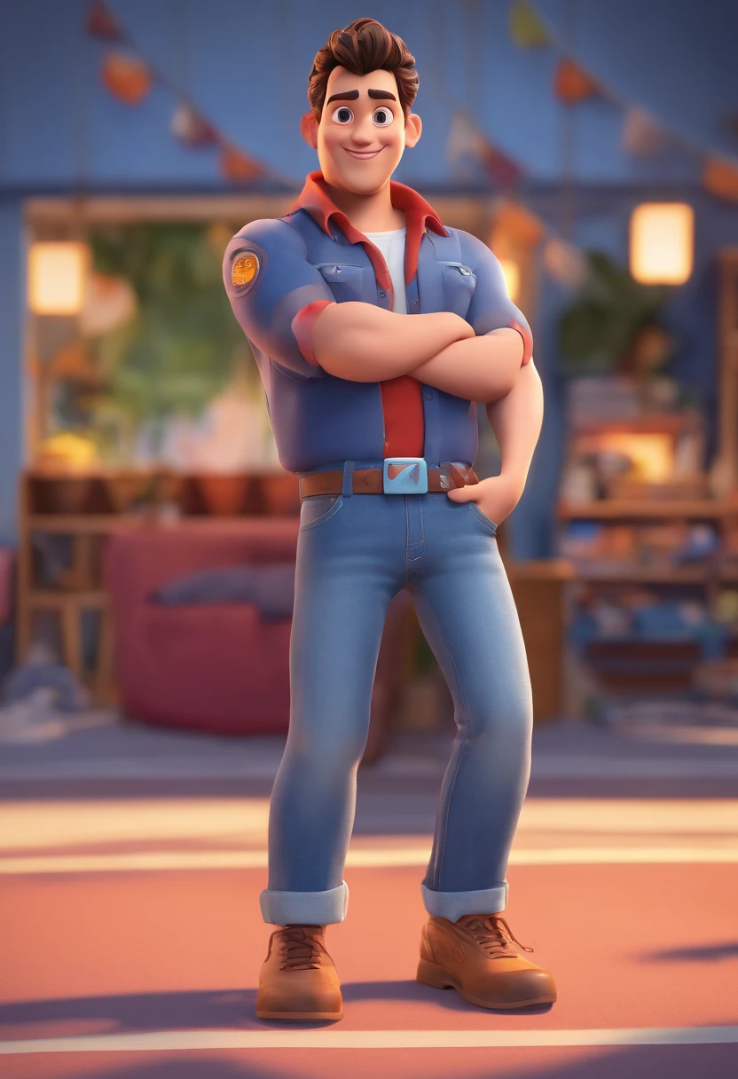 Desenho animado de alunos na escola juntos,  3D Animation Movie Poster, Poster de filme animado, pixar 3 d animation style, pixar renderman rendering, maia 8 mil, animated film, Disney Pixar Estilo 3D, amigos felizes saem juntos, all wearing dark blue shirts and light long jeans, camisa azul escura, Light denim long pants, ao ar livre, Disney Pixar Animation Poster