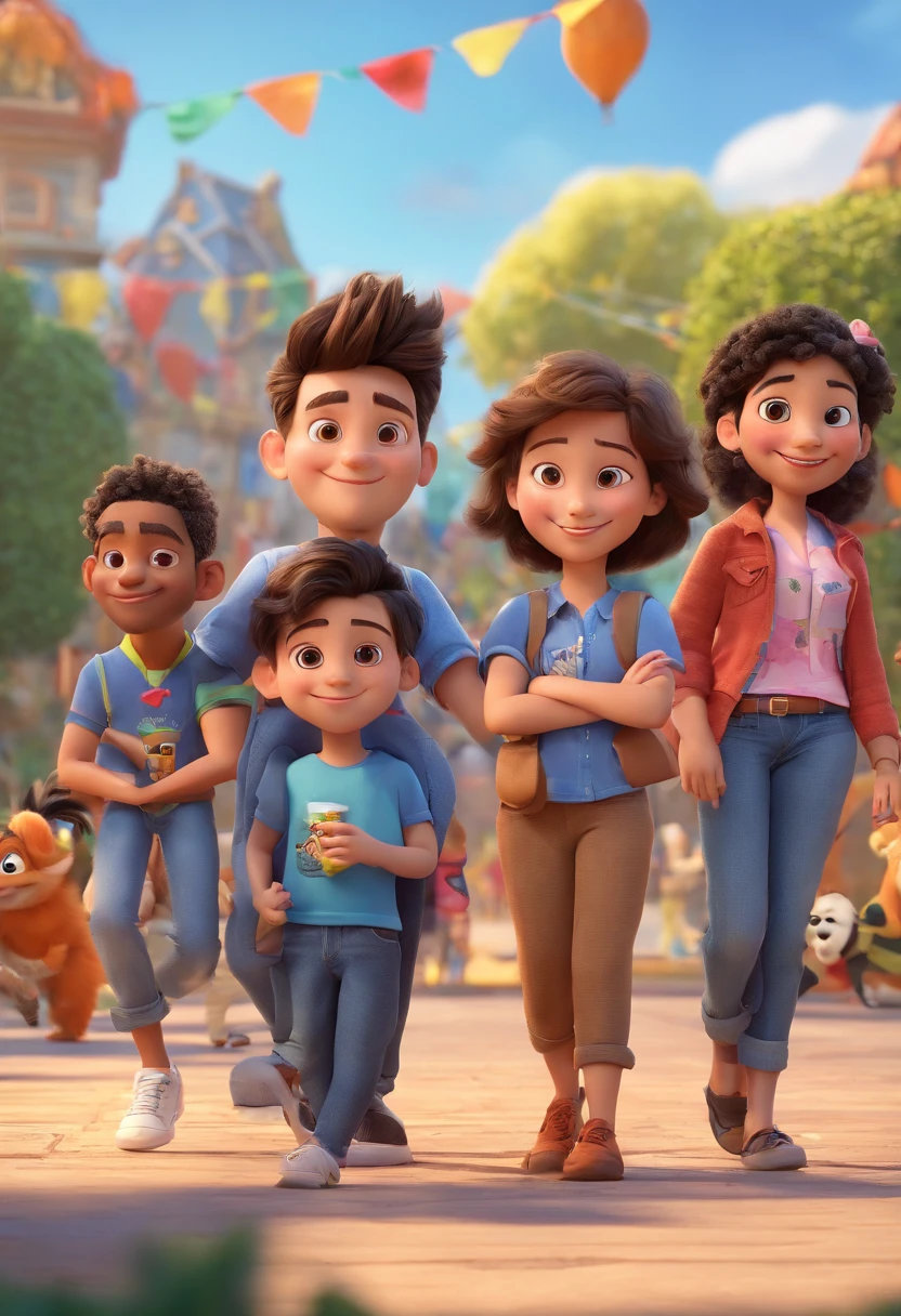Desenho animado de alunos na escola juntos, 3D Animation Movie Poster, Poster de filme animado, pixar 3 d animation style, pixar renderman rendering, maia 8 mil, animated film, Disney Pixar Estilo 3D, amigos felizes saem juntos, all wearing dark blue shirts and light long jeans, camisa azul escura, Light denim long pants, ao ar livre, Disney Pixar Animation Poster