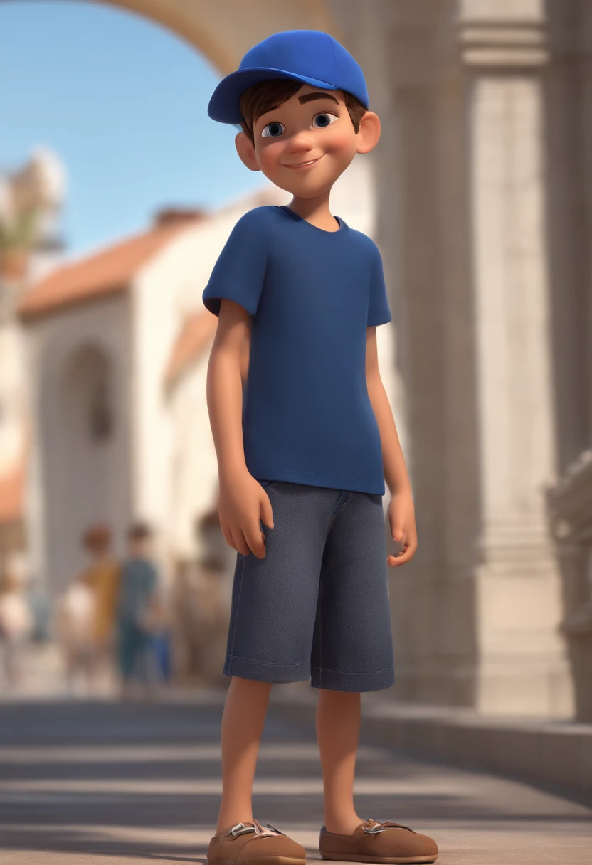 A happy cute boy standing short hair with dark blue cap , vestindo uma camisa azul , , fundo branco, barnet, Tom, Estilo Pixar, ......3d, desenhos animados, rosto detalhado, asymmetrical 16k