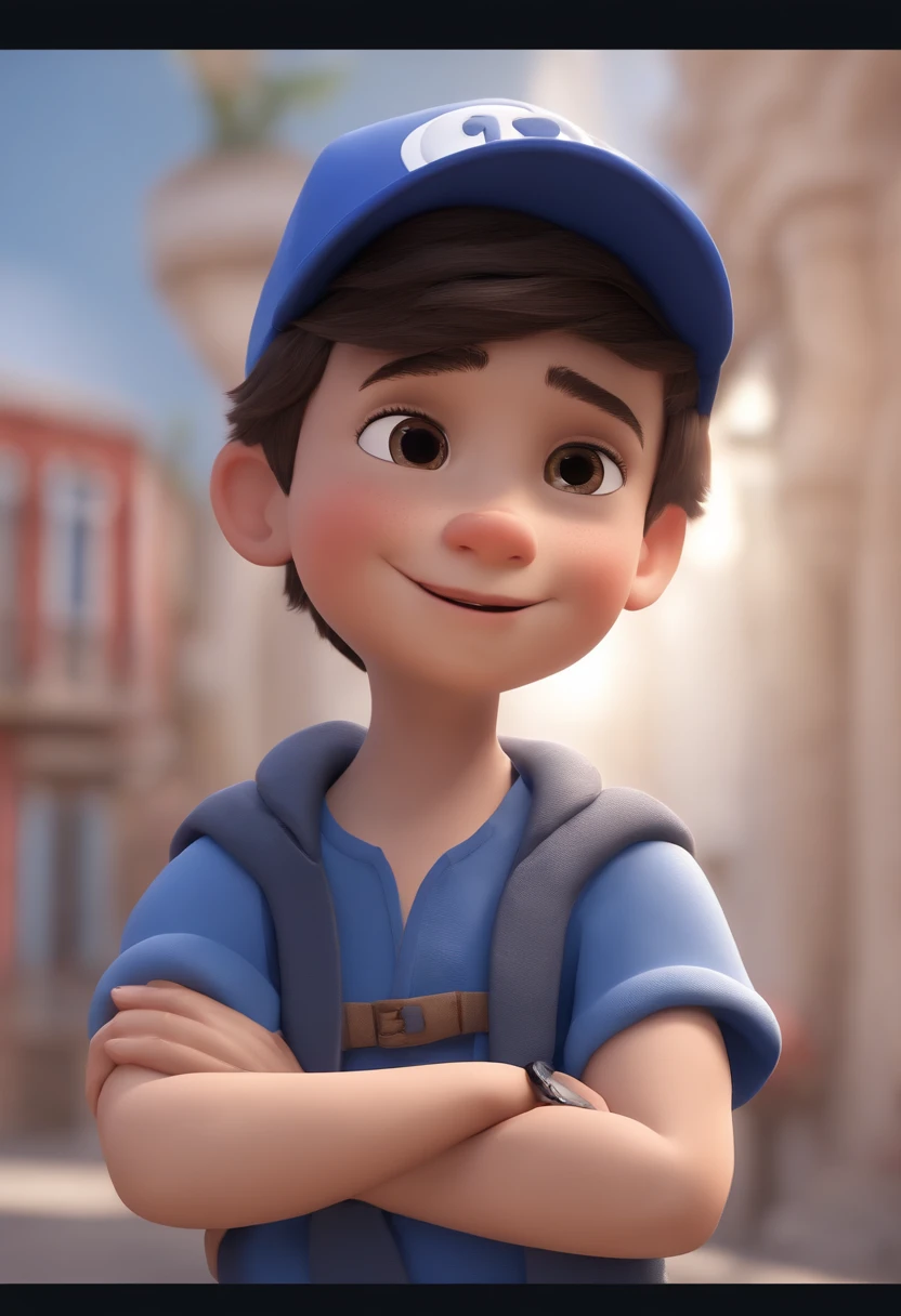 A happy cute boy standing short hair with dark blue cap , vestindo uma camisa azul , , fundo branco, barnet, Tom, Estilo Pixar, ......3d, desenhos animados, rosto detalhado, asymmetrical 16k