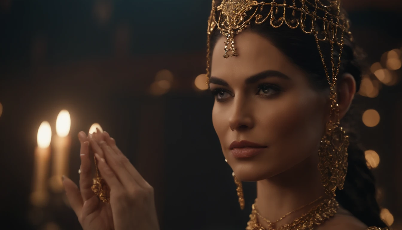 A closeup of a costumed woman with chains in her hands, cinematic goddess shot, CGSetivity UHD 4K altamente detalhado, ainda de um filme de fantasia, traje de joias, estilo fantasia 8 k octane render, cinematic goddess close shot, art nouveau octane render, elegant cinematic pose, unreal engine render + uma deusa, Cinematic Goddess Body Shot
