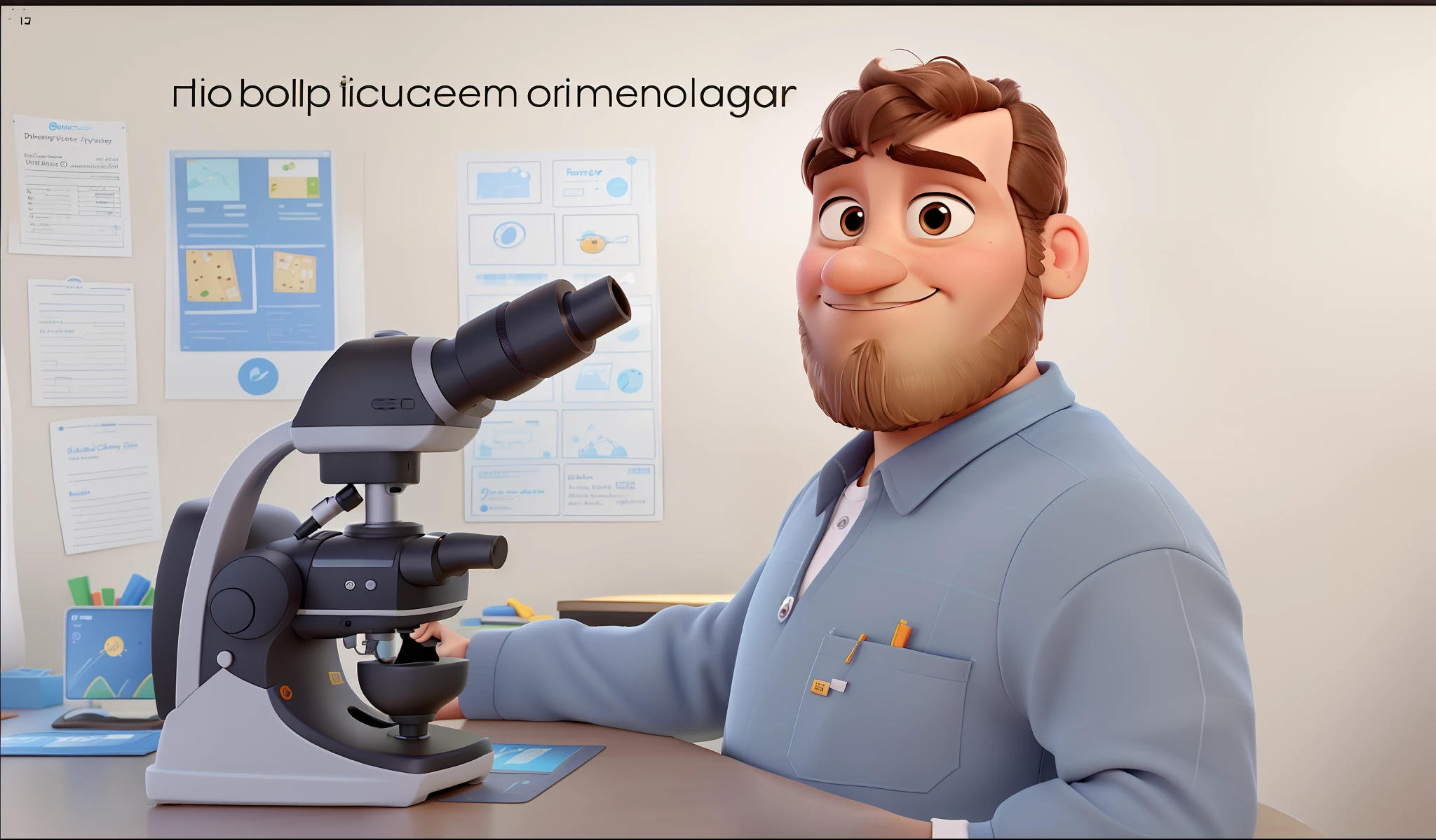 Um homem estilo disney pixar, alta qualidade, Best quality round face thin nose and mouth little hair on top of the head short beard using microscope brown eyes and hair