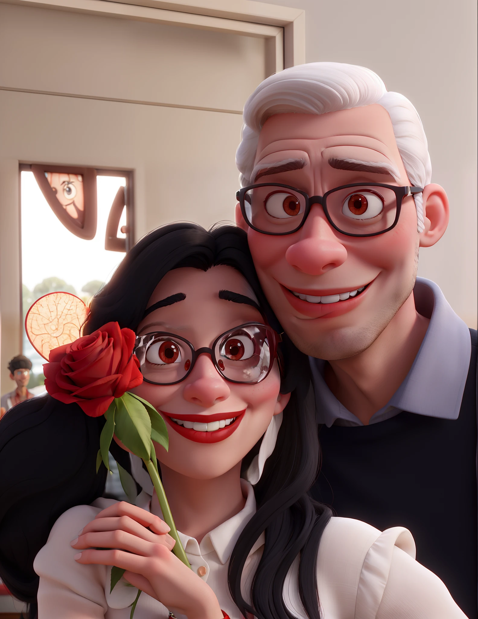 Disney style couple, she is smiling, has long black hair, wears red lipstick and holds a red rose close to her face, the man has short white hair and only he wears glasses, the woman does not wear glasses, both are smiling for the photo..