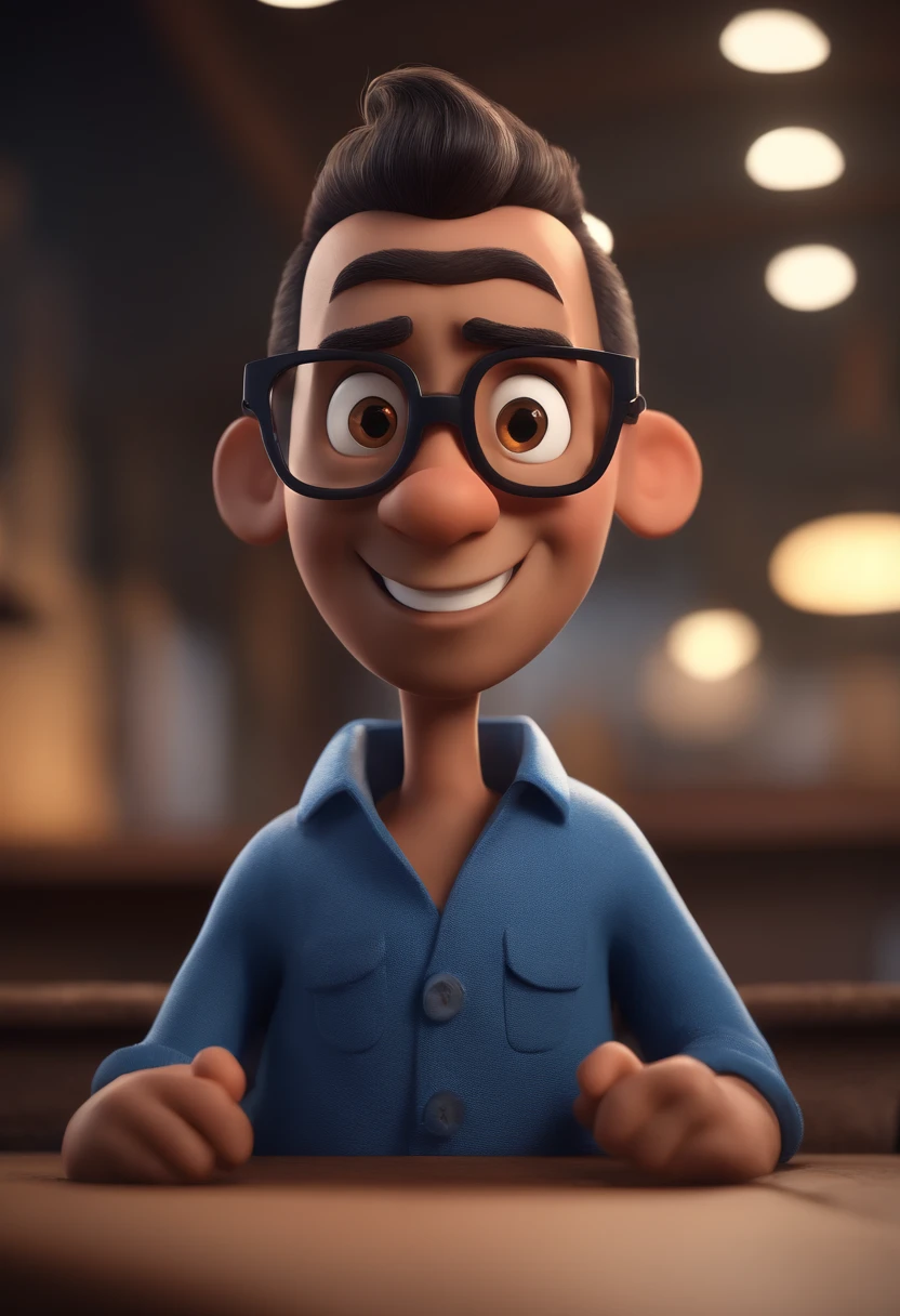 Cartoon character of a man with black glasses and a blue shirt, animation character, Caractere estilizado, animation style rendering, 3D estilizado, Arnold Maya render, 3 d render stylized, toon render keyshot, Personagem 3D, Personagem 3D, 3d rendering stylized, 3 d character render, personagem de desenho animado, Personagem de close up, Pose de personagem, (Estilo Pixar) (master part:1.2) (Bokeh) (best quality) (pele detalhada) (textura detalhada) (8k) (argila) (Cinematic lighting) (foco nítido
