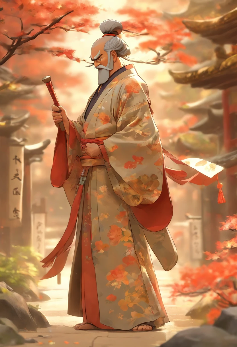 ultra-detailed, masterpiece, masterwork, high quality, best quality, hdr, (nature, japanese style), nsfw, male, solo, chibi, dragon, ((bare kimono, bulge fundoshi, white fundoshi)), (little red body minotaur), (white chubby body), (long golden hair, yellow eyes, cool eyes), standing, cross your arms, dynamic angle, earrings, sweat