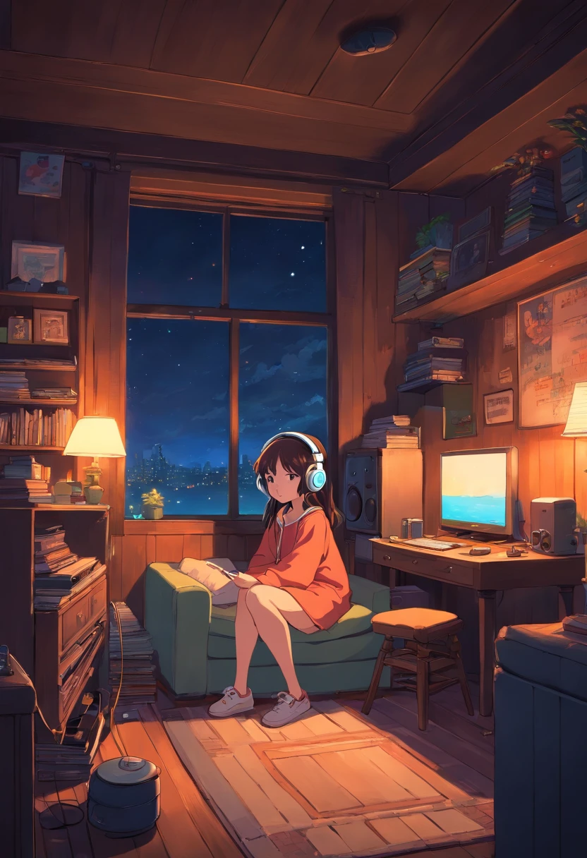 Girl listening to music in cozy room at night, Using Headphones, Anime in 2D style, Lo-Fi, hard disk, dark medium