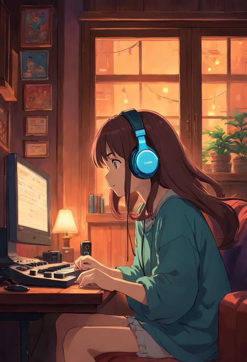 Girl listening to music in cozy room at night, Using Headphones, Anime in 2D style, Lo-Fi, hard disk, dark medium