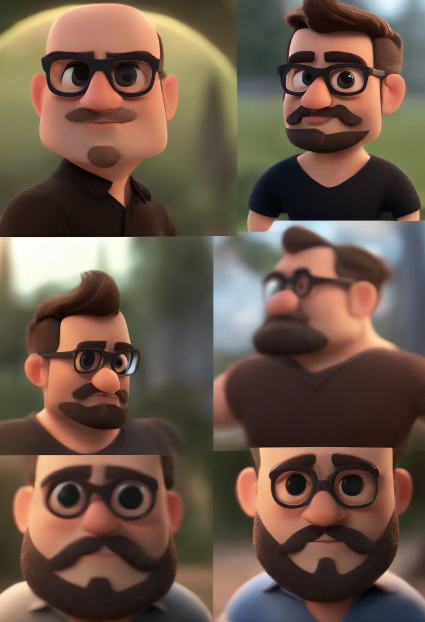 Cartoon character of a bearded man with round black glasses and a black shirt, animation character, Caractere estilizado, animation style rendering, 3D estilizado, Arnold Maya render, 3 d render stylized, toon render keyshot, Personagem 3D, Personagem 3D, 3d rendering stylized, 3 d character render, personagem de desenho animado, Personagem de close up, Pose de personagem, (Estilo Pixar) (master part:1.2) (Bokeh) (melhor qualidade) (pele detalhada) (textura detalhada) (8k) (argila) (Cinematic lighting) (foco nítido