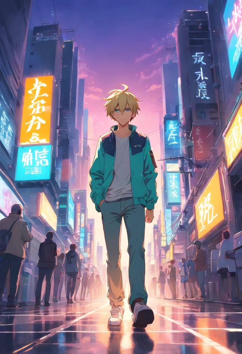 wide angle, a man in a city of the future walking., pale white skin, blonde hair, smug, fashionable, , Neon, ((cyberpunked))