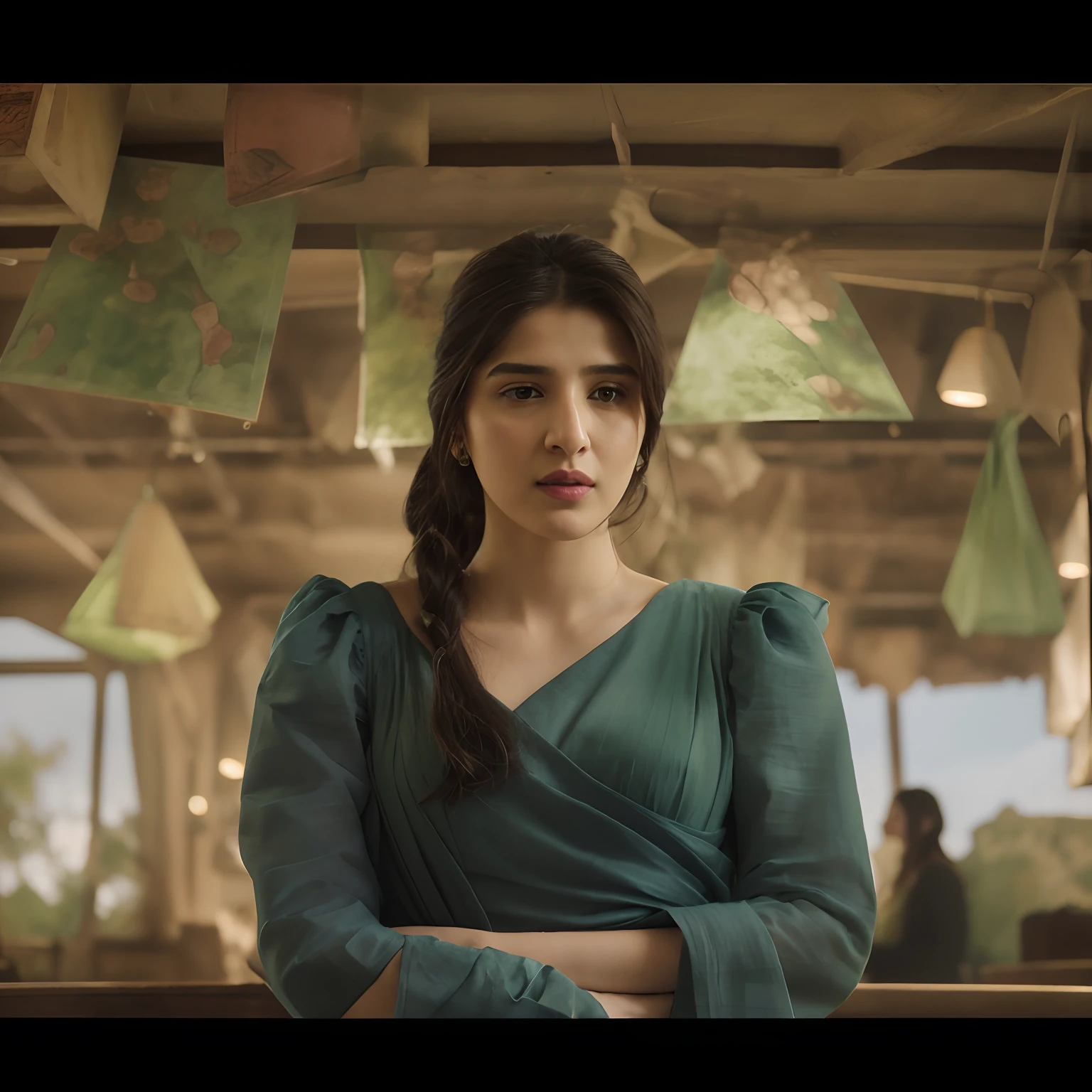 there is a woman that is standing in a room with a green dress, movie still 8 k, matte painting portrait shot, soft portrait shot 8 k, 8 k movie still, a still of an ethereal, still from the movie, movie frame still, still from a movie, mahira khan as a d&d wizard, highly detailed vfx portrait of