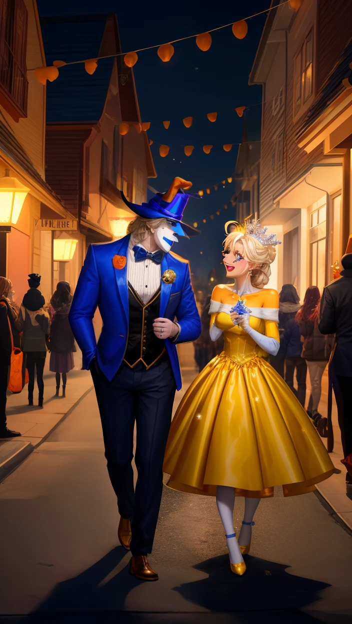 As you walk down the suburban streets, you notice a group of adults joining in the Halloween fun, all dressed in Disney costumes. A woman is dressed as Belle from Beauty and the Beast, her golden ball gown shimmering under the streetlights. She’s accompanied by a man dressed as The Beast, his costume detailed with a royal blue jacket and a beastly mask.
You see another pair, where the woman is dressed as Elsa from Frozen, her costume sparkling with sequins that mimic ice. The man with her is dressed as Olaf, the lovable snowman, complete with a carrot nose and twig hair.
The sight brings a smile to your face, reminding you of the magic of Disney and the joy it brings to both children and adults. The spirit of Halloween truly comes alive in the suburbs, where everyone gets into character and celebrates together.