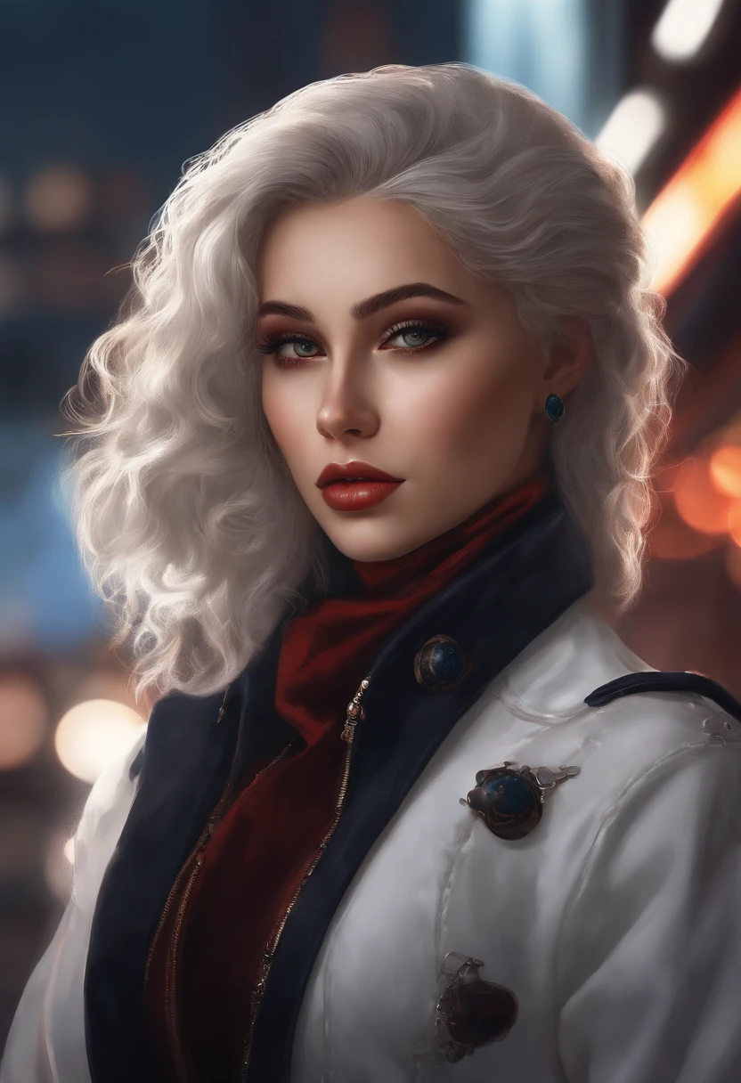 1girl, (sozinho), Menina anime com longos cabelos brancos e olhos vermelhos, menina com cabelo branco, Girl on white turtle neck, ((tapa-olho)), orelhas pontiagudas, ((Vampiro)), Sorriso, smug, boca fechada, cowboy shot, menina perfeita de cabelos brancos, divindade de cabelos brancos, arte digital do anime cyberpunk, turtleneck, Reflexo da lente, ((dramatic lighting)), olhos vermelhos suaves e brilhantes, extremamente detalhado, master part, Olhando para o Viewer, cidade em segundo plano, (Noite)