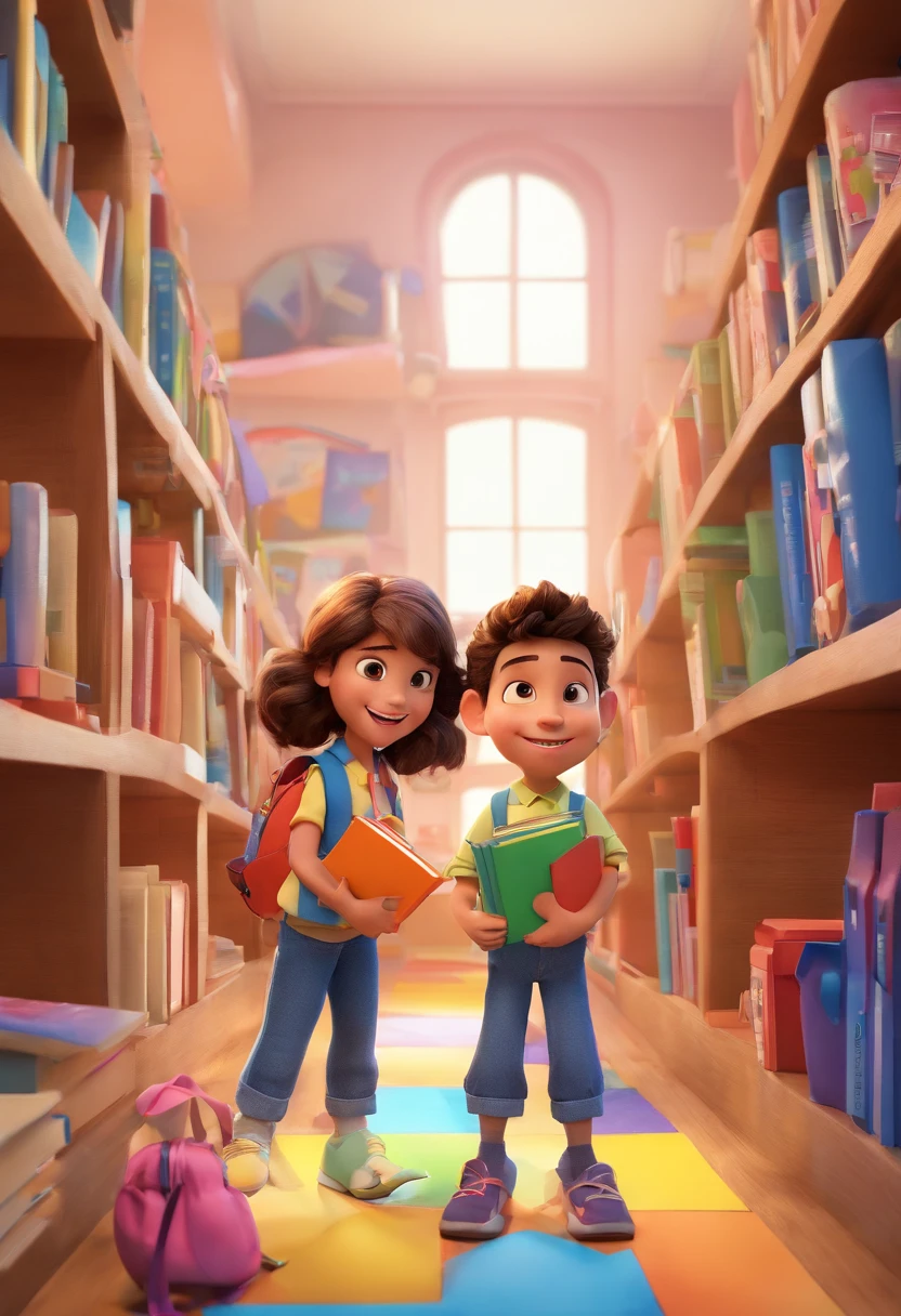 Cartoon of schoolchildren at school together, 3D Animation Movie Poster, Poster de filme animado, pixar 3 d animation style, pixar renderman rendering, maia 8 mil, todos vestindo camisas azuis escuras e jeans longos claros, camisa azul escura, Light denim long pants, ao ar livre, Disney Pixar Animation Poster