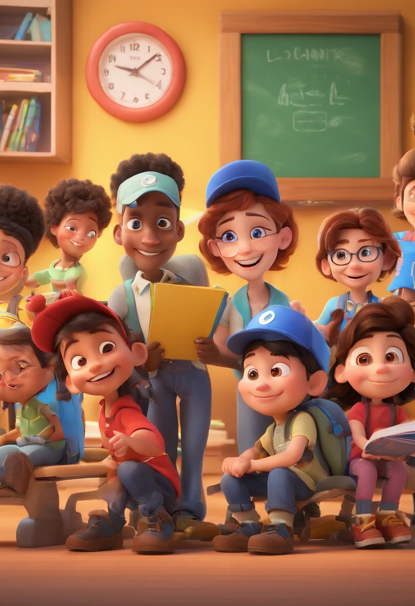 Cartoon of schoolchildren at school together, 3D Animation Movie Poster, Poster de filme animado, pixar 3 d animation style, pixar renderman rendering, maia 8 mil, todos vestindo camisas azuis escuras e jeans longos claros, camisa azul escura, Light denim long pants, ao ar livre, Disney Pixar Animation Poster