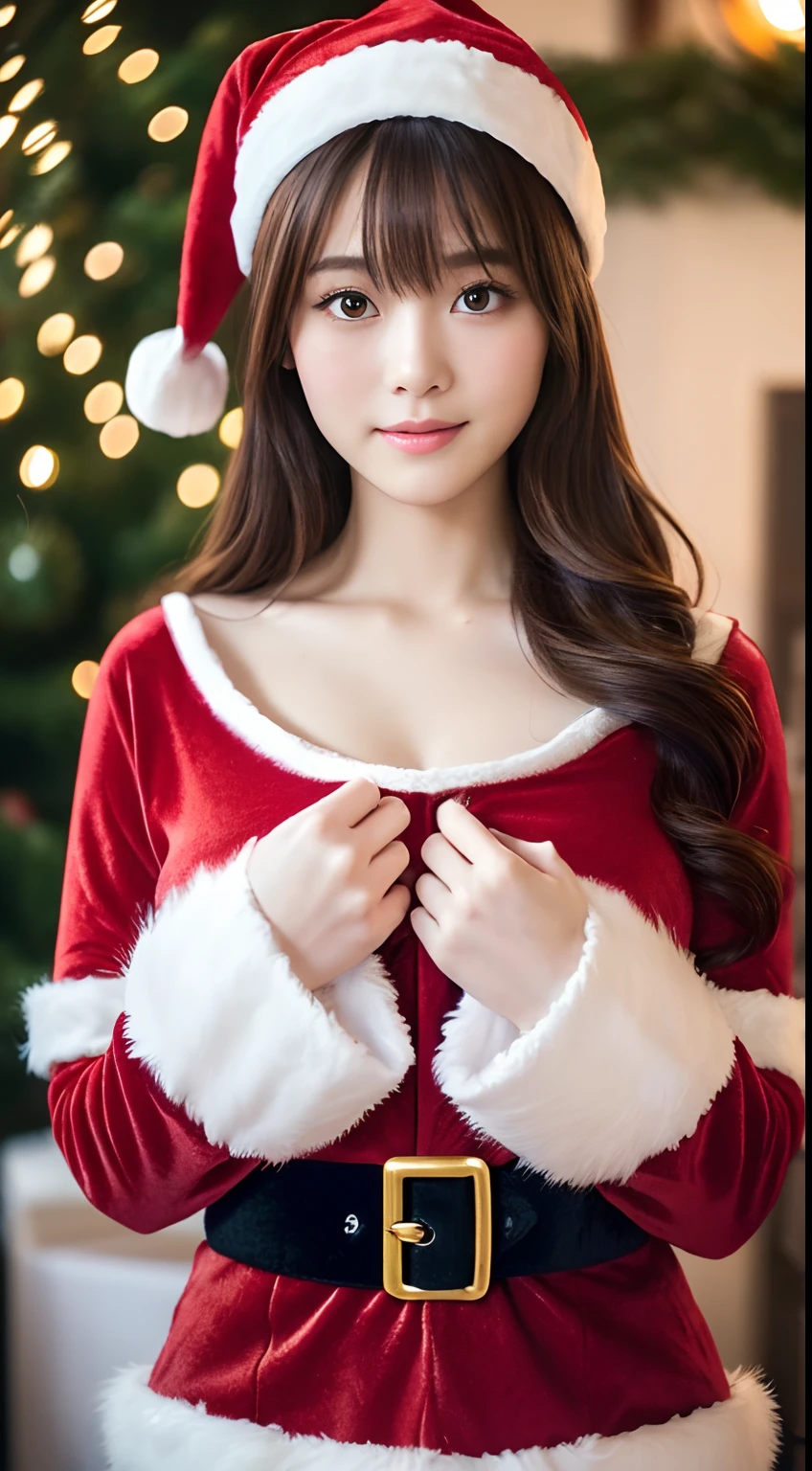 tre anatomically correct,Masterpiece of,High image quality,(Cute Santa Claus costumes:1.5),(The material of the costume is fine velvet:1.4),(The white fur part of the costume is mink., Accentuate the fluffiness:1.4),20 years old, Japan Female, (Random posture:1.4),Professional Lighting,((Japan hair)),((Natural smile)),The ultra-detailliert、High quality textures、intricate detailes、detaileds、Very detailed CG、High quality shadows、Detail Beautiful delicate face、Detail Beautiful delicate eyes、depth of fields、Ray traching,1girl in, japanaese girl, Fashion Model, slender,Warm atmosphere,Outdoors with a Christmas atmosphere