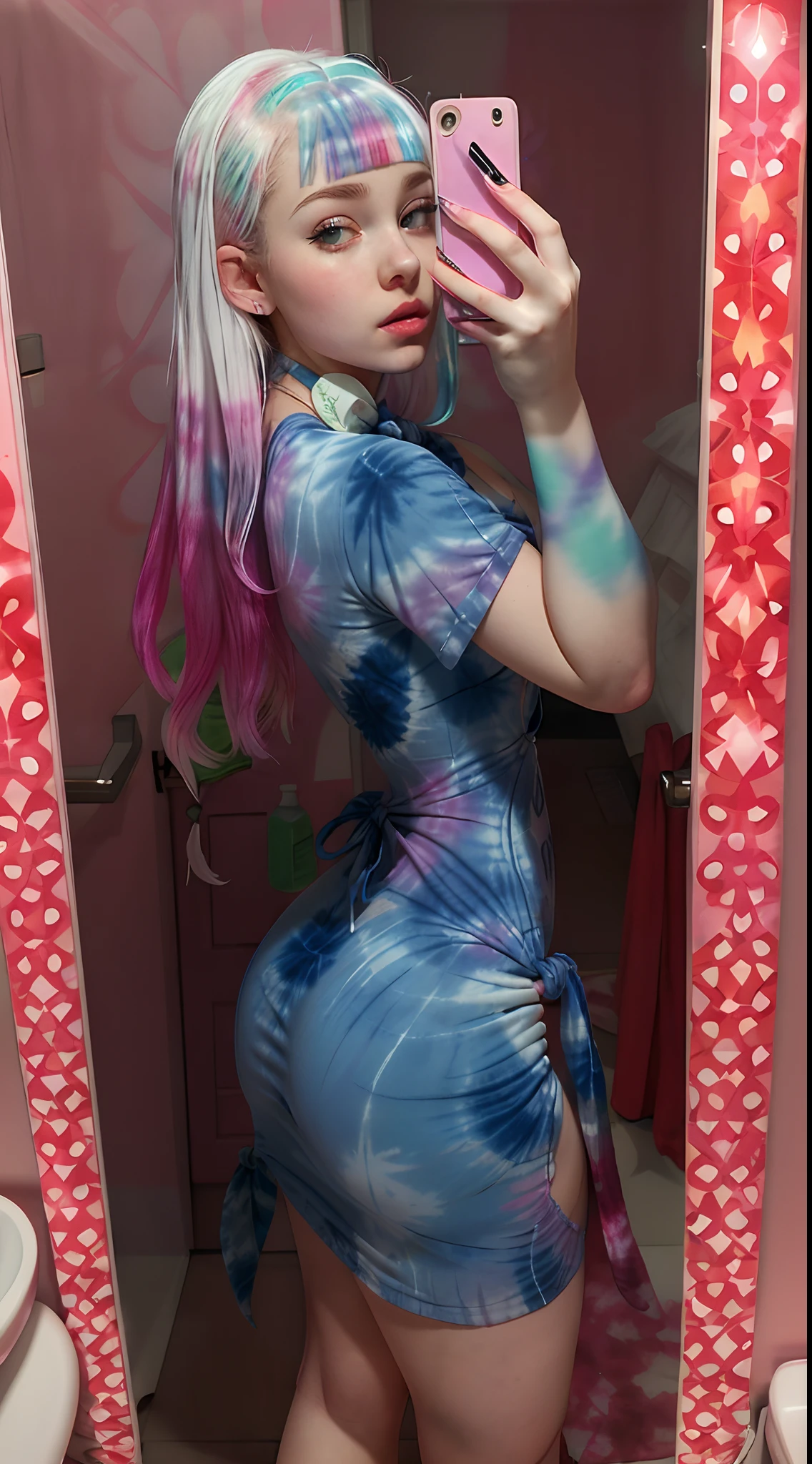 araffe 1girl (16yearsold), 16 years old, young divine feminine girly, angelically face, albinism skin, porcelain skin, white skin, pale skin, cute , gorgeous, naughty, large huge shaped worked buttocks, taking a selfie in a bathroom mirror,(( tie_dye print tight dress)), tight attire, skintight dress, skinny waist and thick hips, big sexy booty, sexy dress, short Lycra minidress, kawaii girl fan, doujin 16 years old, thicc, voluptuous photo of slim girl,  in tie_dye print tight short dress, hyper intricate detailed,