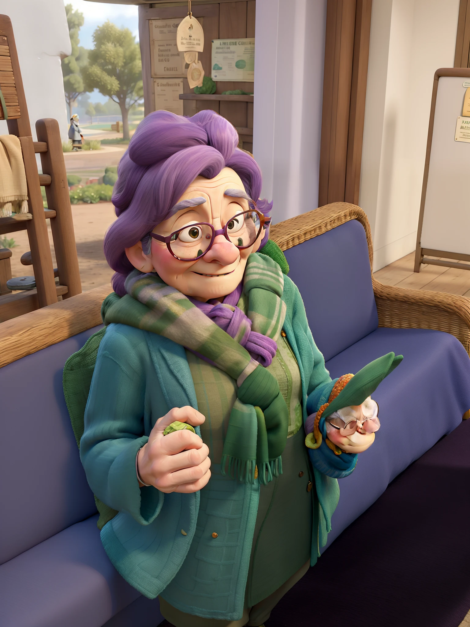 masterpiece, best quality, an old woman with glasses and a scarf on, wearing a purple coat and green scarf, standing at the park