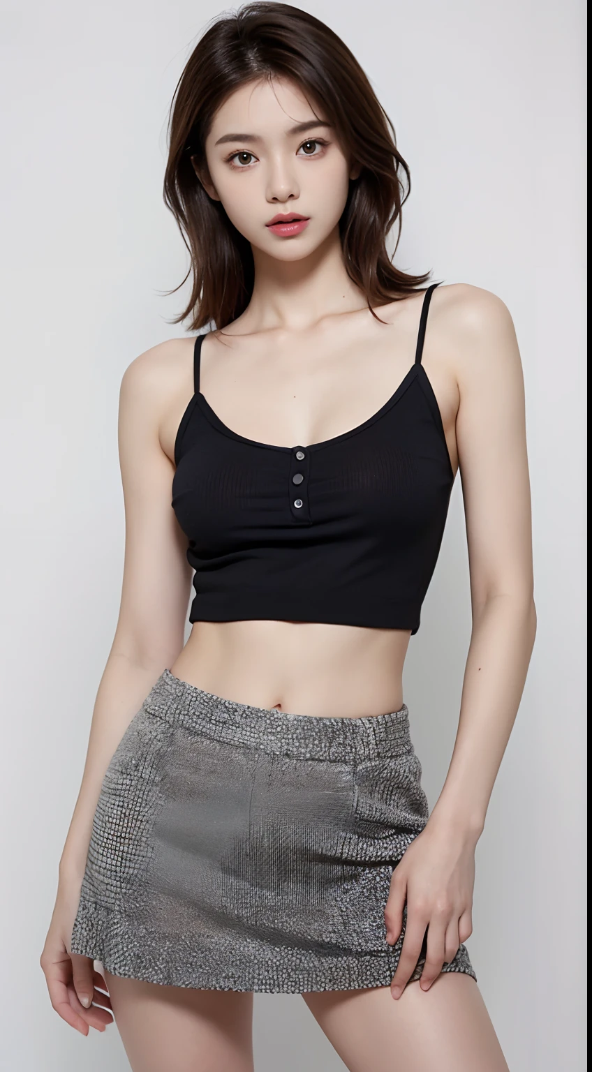 masutepiece, Best Quality, Illustration, Ultra-detailed, delicate detail, Hight Resolution, 8K wallpaper, Perfect dynamic composition、(((Thigh Viewer)))、22 years old cute girl、detailed beautiful face、Delicate and cute eyes、textured skin、flushed cheeks、shame、 (shorth hair:1.3)、(wavy brown hair )、Golfwear, Golf Mini Skirt, large full breasts,、Bold sexy pose、Skirt swaying in the wind,