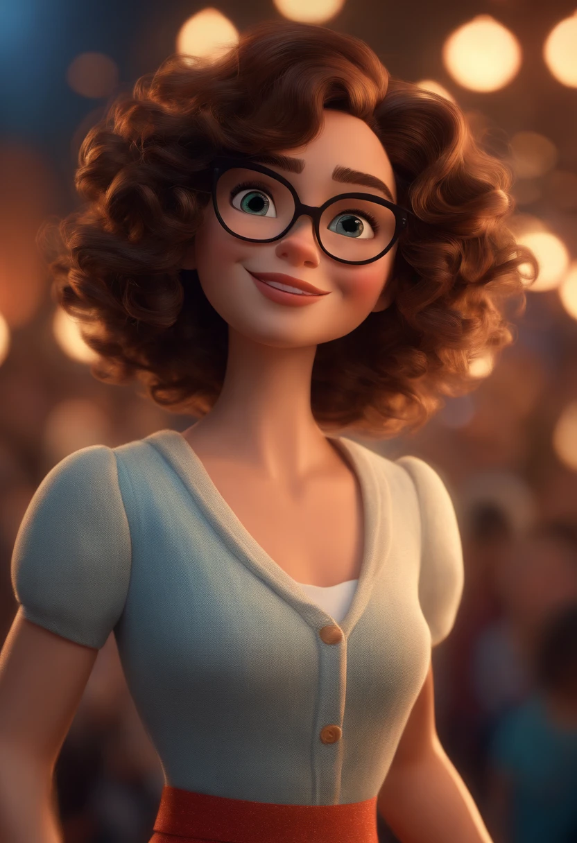 Pixar style image with 3D character white glasses brunette woman short curly hair dancing, Maquiagem Disney,Pescador, bonitinho, sorridente ,Close-up, Pixar, Disney, Cinema lighting,