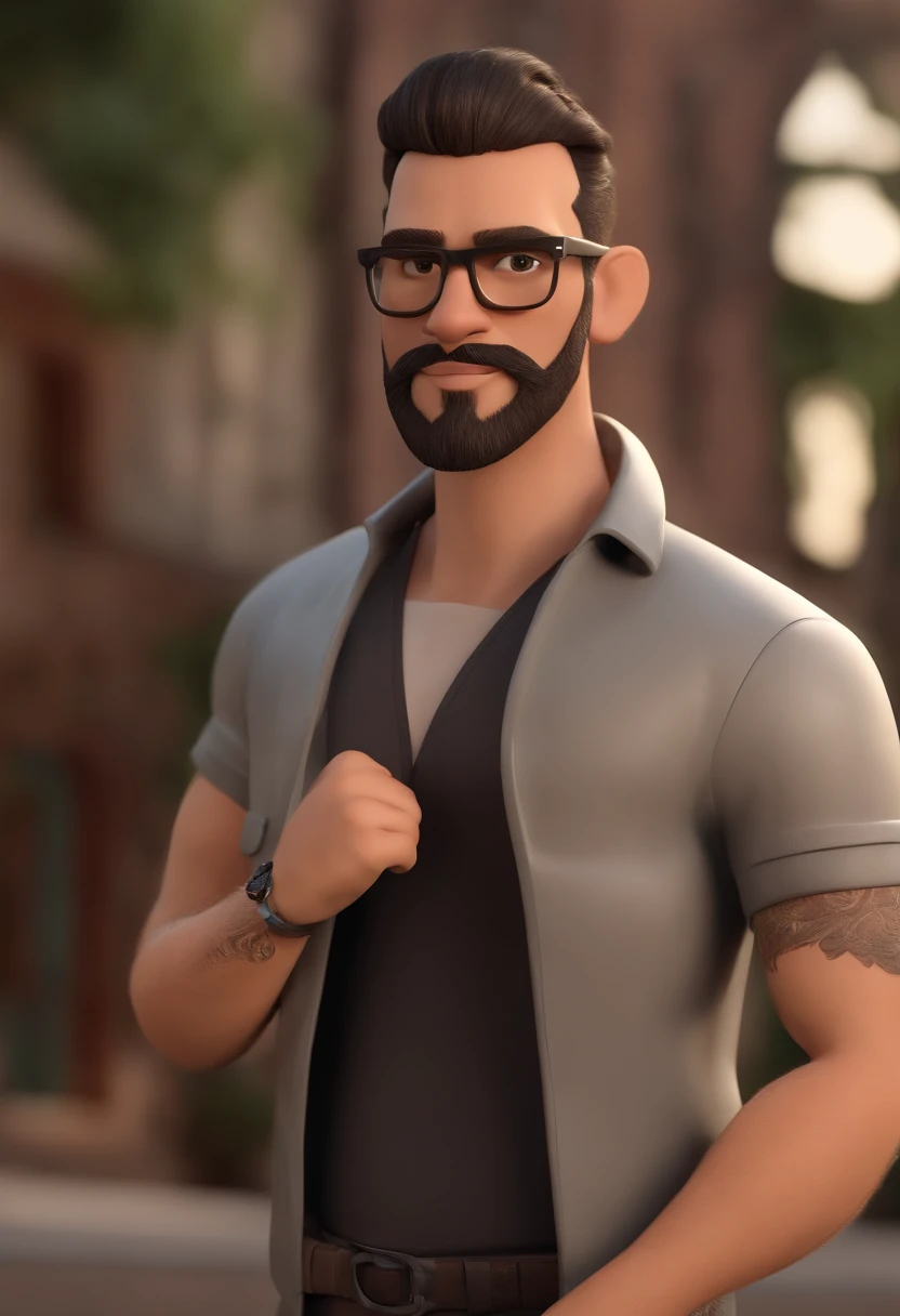 Cartoon character of a man with black glasses and a black polo shirt, cabelo liso, With beard and old school tattoo on his arm, animation character, Caractere estilizado, animation style rendering, 3D estilizado, Arnold Maya render, 3 d render stylized, toon render keyshot, Personagem 3D, Personagem 3D, 3d rendering stylized, 3 d character render, personagem de desenho animado, Personagem de close up, Pose de personagem, (Estilo Pixar) (master part:1.2) (Bokeh) (best quality) (pele detalhada) (textura detalhada) (8k) (argila) (Cinematic lighting) (foco nítido