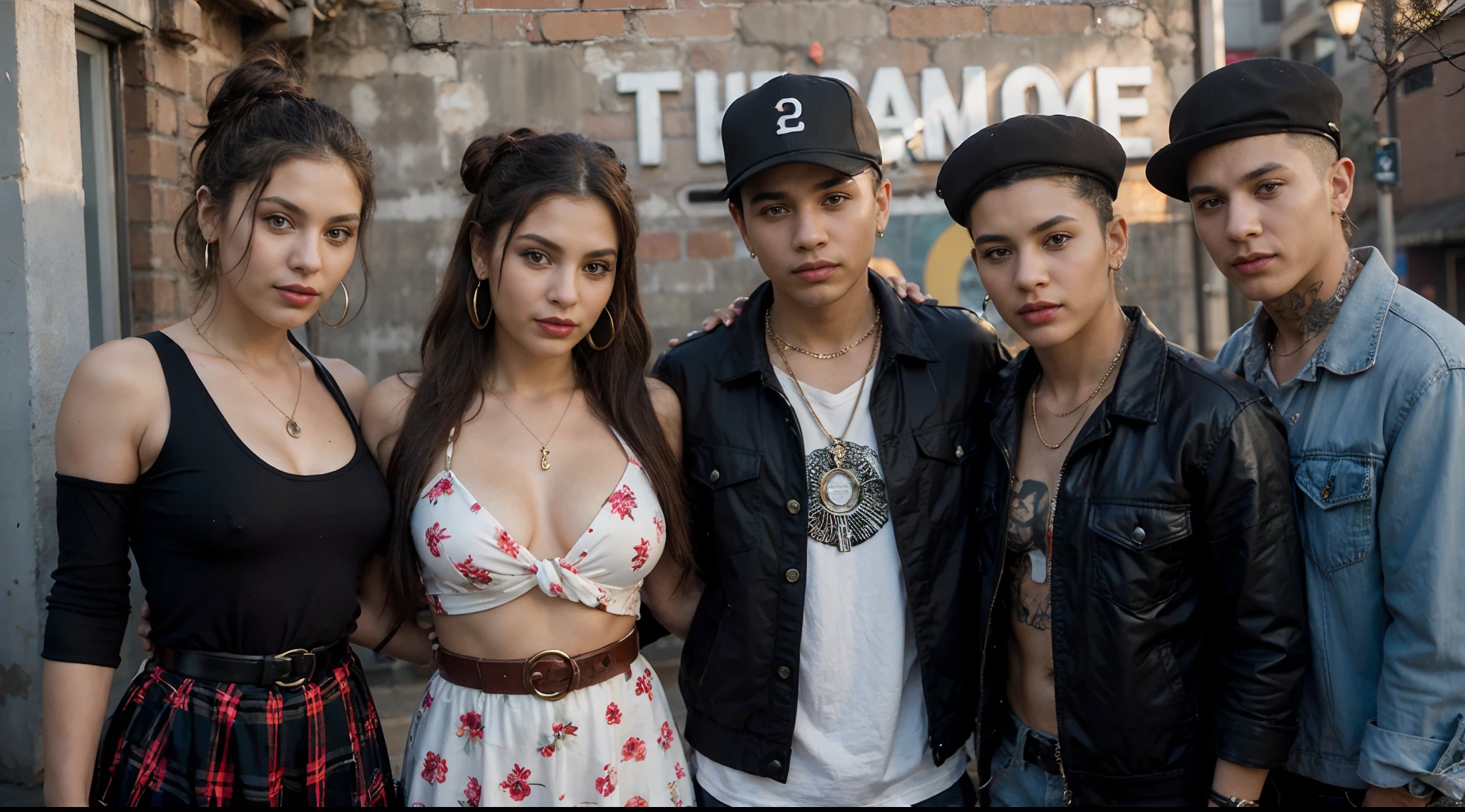 The image shows ((5_young_chicanos:1.3)): ((4_men:1.3)) and (1_woman:1.1). who group together in front of a brick wall with graffiti.dress in the characteristic style of the cholos, an urban tribe that originated in the United States as a form of cultural, political and nationalist manifestation of the Mexican migrants and their descendants. The men wear very loose pants, plaid shirts buttoned up to the neck and wide-brimmed hats. Some also wear leather or denim jackets with patches or badges. The pants are held with wide belts or knotted scarves. The shoes are sporty or military type. The hats have the initials or symbols of the gang they belong to. The faces and hands are adorned with tattoos that represent their identity, their history or their beliefs. Some also wear jewelry such as chains, rings or earrings. The woman wears a short and tight red dress, with a pronounced neckline and long and puffy sleeves. The dress has a floral print and gold buttons. She wears her hair up in a high bun with a red scarf. The shoes are high-heeled and black. The accessories are large and round earrings, a pearl necklace and metal bracelets. The makeup is intense, with red lips, lined eyes and false eyelashes. The young people pose with defiant, proud and rebellious attitude. Some look directly at the camera, others look away or down. Some cross their arms over their chest, others make gestures with their hands or hold objects such as cigarettes, bottles or weapons. The woman leans on the shoulder of one of the men and smiles slightly. The background of the image is dark and contrasts with the bright colors of the clothes and graffiti.