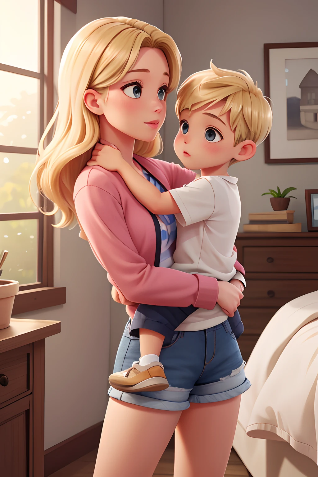 "Mom kissing her ********** on the lips", blonde hair, Mother is seen wearing skirt, ********** is seen wearing shorts, master part, Realistic, high resolution, alta qualidade, extremely high quality, best quality, Ultra Detalhado, extremamente detalhado,