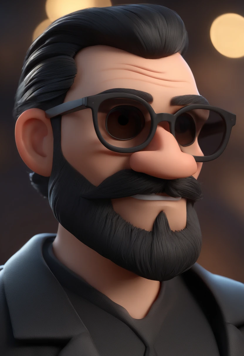 Cartoon character of a bearded man with round black glasses and a black shirt, animation character, Caractere estilizado, animation style rendering, 3D estilizado, Arnold Maya render, 3 d render stylized, toon render keyshot, Personagem 3D, Personagem 3D, 3d rendering stylized, 3 d character render, personagem de desenho animado, Personagem de close up, Pose de personagem, (Estilo Pixar) (master part:1.2) (Bokeh) (melhor qualidade) (pele detalhada) (textura detalhada) (8k) (argila) (Cinematic lighting) (foco nítido
