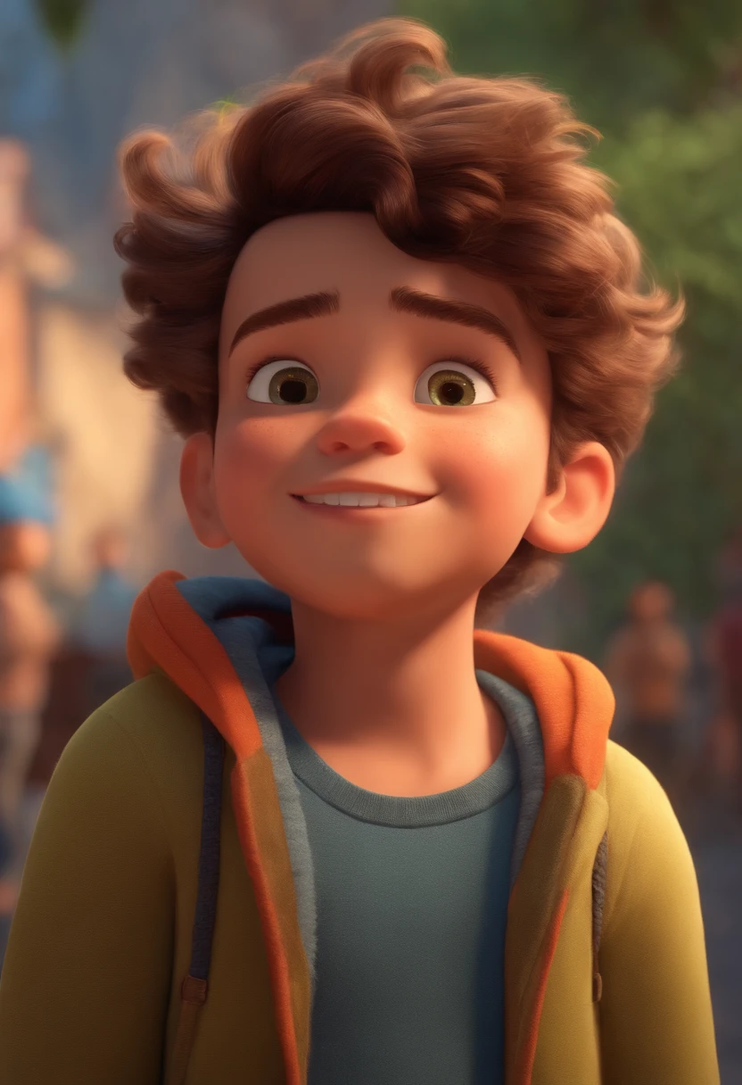 Image of a boy for a story in a YouTube video in Pixar format, He's the little allabester, He's the class leader, He's outgoing, Playful and gets up for a lot of things, cabelo curto