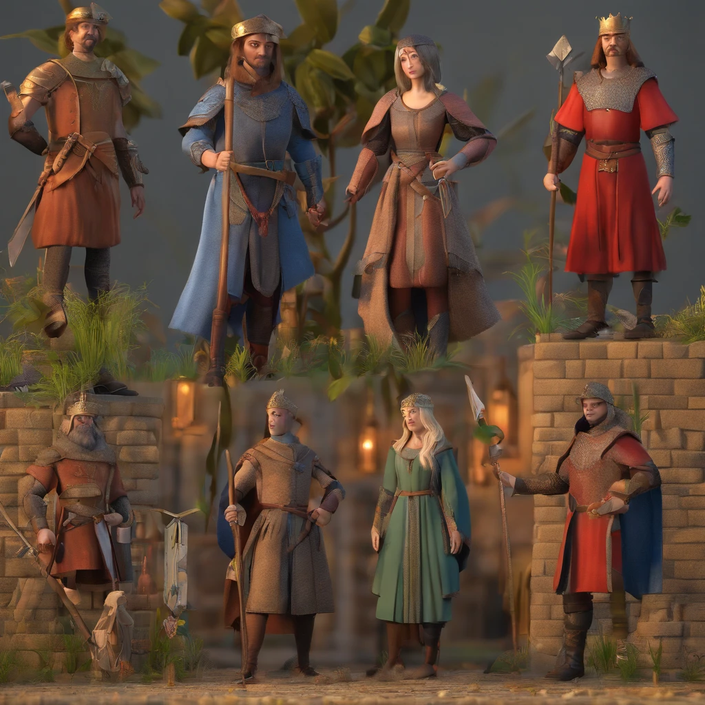 Extremely detailed poster image of four characters, dois homens e duas mulheres;, ((estilo medieval, Classe de personagem RPG)), 8k UHD, Fotografia RAW, pintura digital, ultra detalhado, proportion Aurea