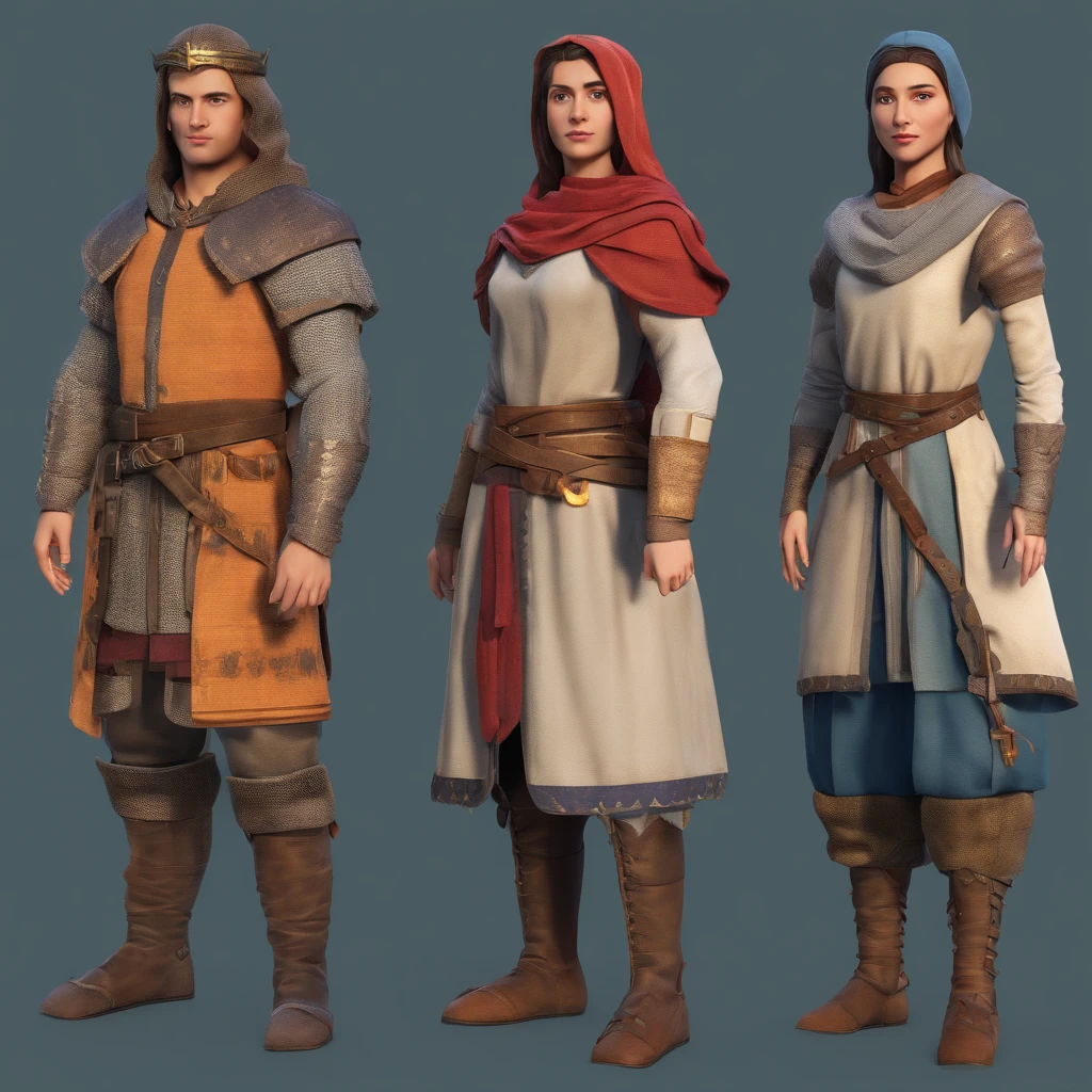 Extremely detailed poster image of four characters, dois homens e duas mulheres;, ((estilo medieval, Classe de personagem RPG)), 8k UHD, Fotografia RAW, pintura digital, ultra detalhado, proportion Aurea