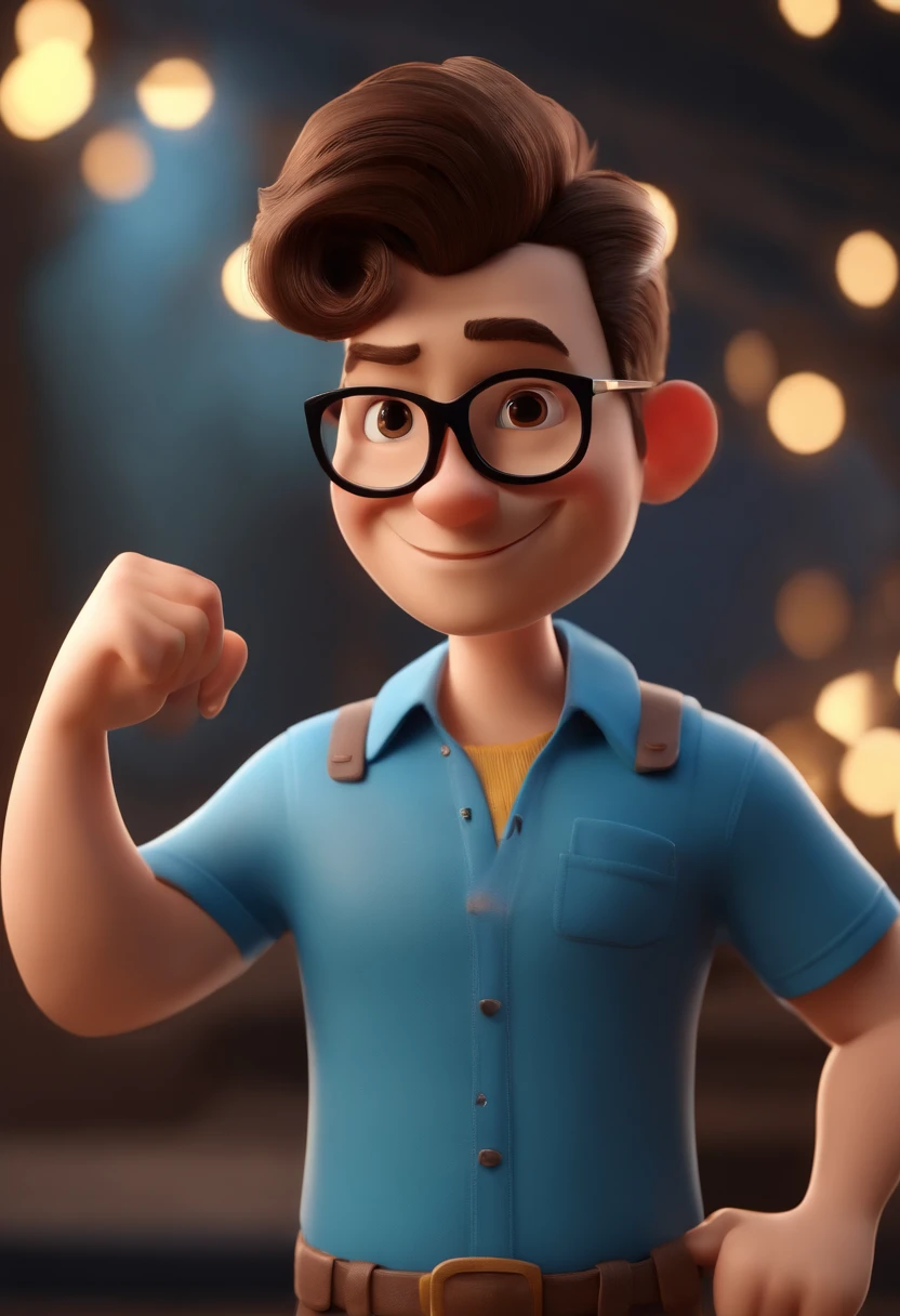 Cartoon character of a man wearing black glasses and a blue shirt, um personagem animado, Caractere estilizado, animation style rendering, 3D estilizado, Arnold Maya render, 3 d render stylized, toon render keyshot, Personagem 3D, Personagem 3D, 3d rendering stylized, 3 d character render, personagem de desenho animado, Personagem de close up, Pose de personagem, (Estilo Pixar) (master part:1.2) (Bokeh) (best quality) (pele detalhada) (textura detalhada) (8k) (argila) (Cinematic lighting) (foco nítido，Senta e vaza a parte superior do corpo homem negro