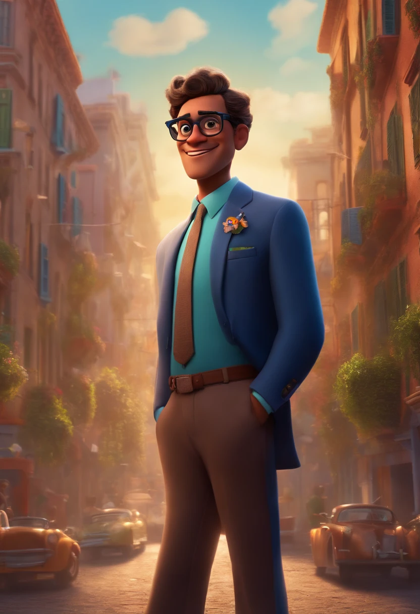 A city councilman looking at a dream project inspired by Pixar animation, de perto. Cabelo calvo , wearing square glasses . The character takes center stage with captivating facial expressions, oferecendo um toque de irrealidade