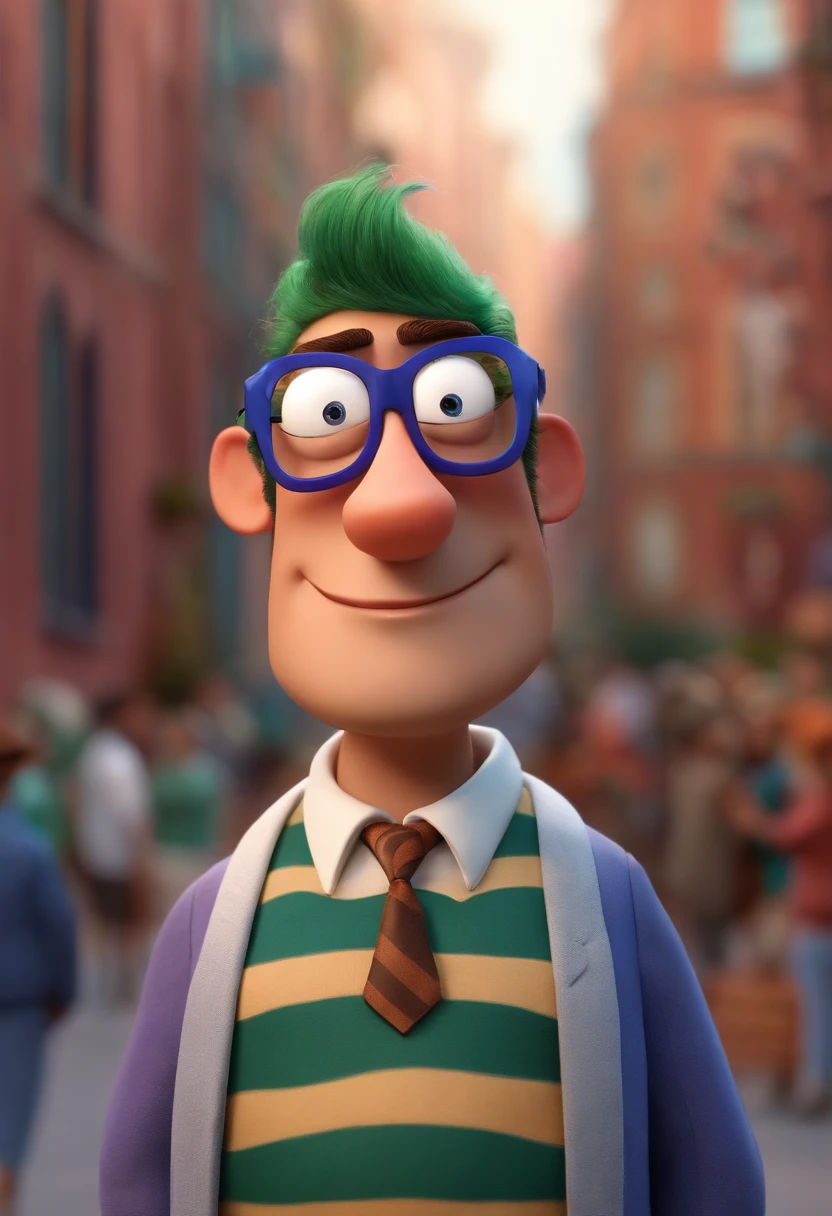A city councilman looking at a dream project inspired by Pixar animation, de perto. Cabelo calvo , wearing square glasses . The character takes center stage with captivating facial expressions, oferecendo um toque de irrealidade