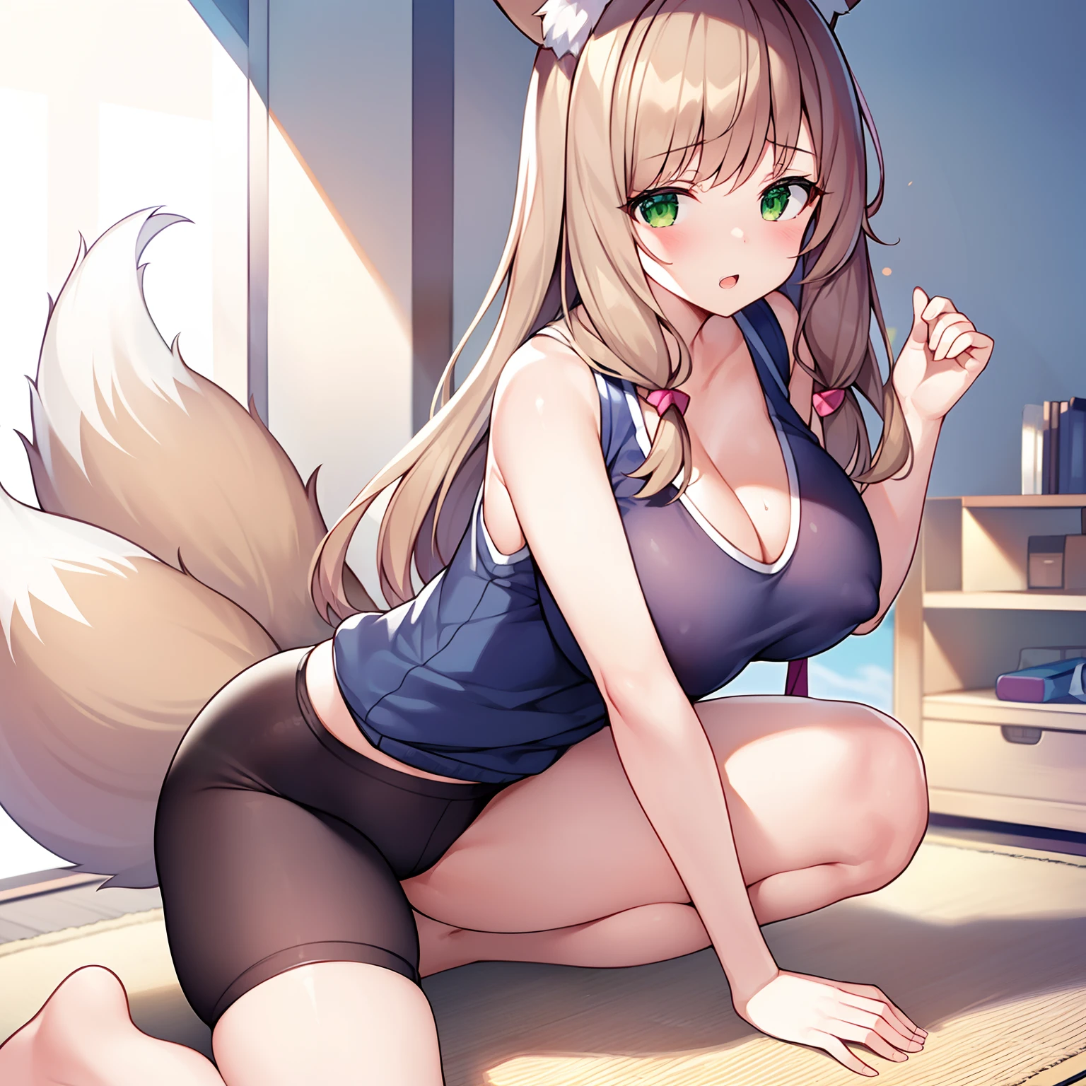 (tmasterpiece，Highest high resolution，8k wallpaper，Highest drawing quality)，1girll，Solo，(Huge fox tail)，Brown hair long，Green eyes，Small flower headdress，21-year-old college student_C cup，Modern architecture, On The Home，Girl masturbates on yoga mat_Intense sex for girls，Wear a sexy white sports vest_Sexy sports shorts，Under the sun，One of the girl's hands is on the nipple，