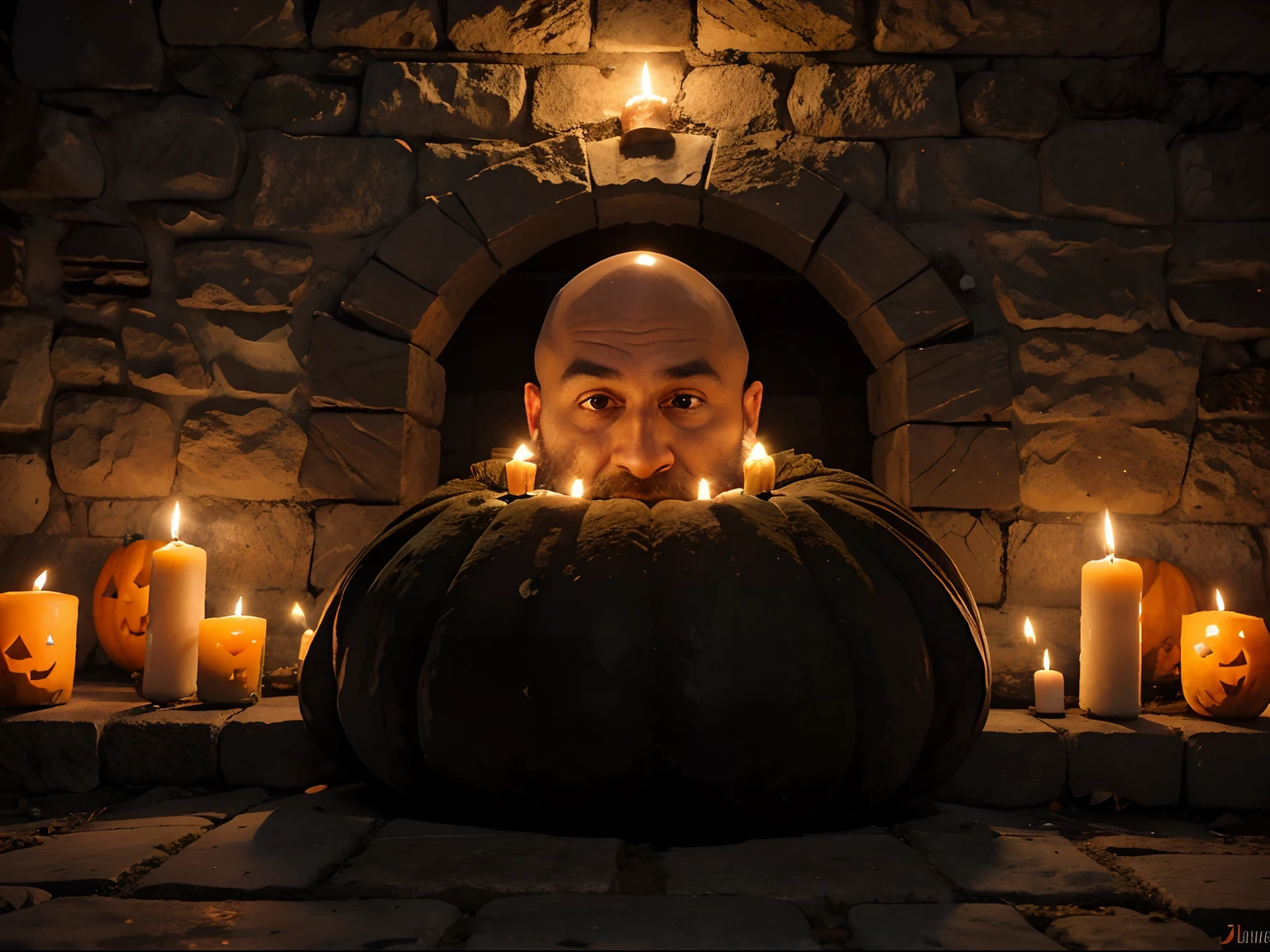 Nuotrauka, where several pumpkins are laid out on a stone wall for Halloween, illuminated with candles, and through the middle of the wall from the other side looks the head of a bald man, (a man bald European 40 years old cleanly shaved) - juokingas vaizdas, 8k