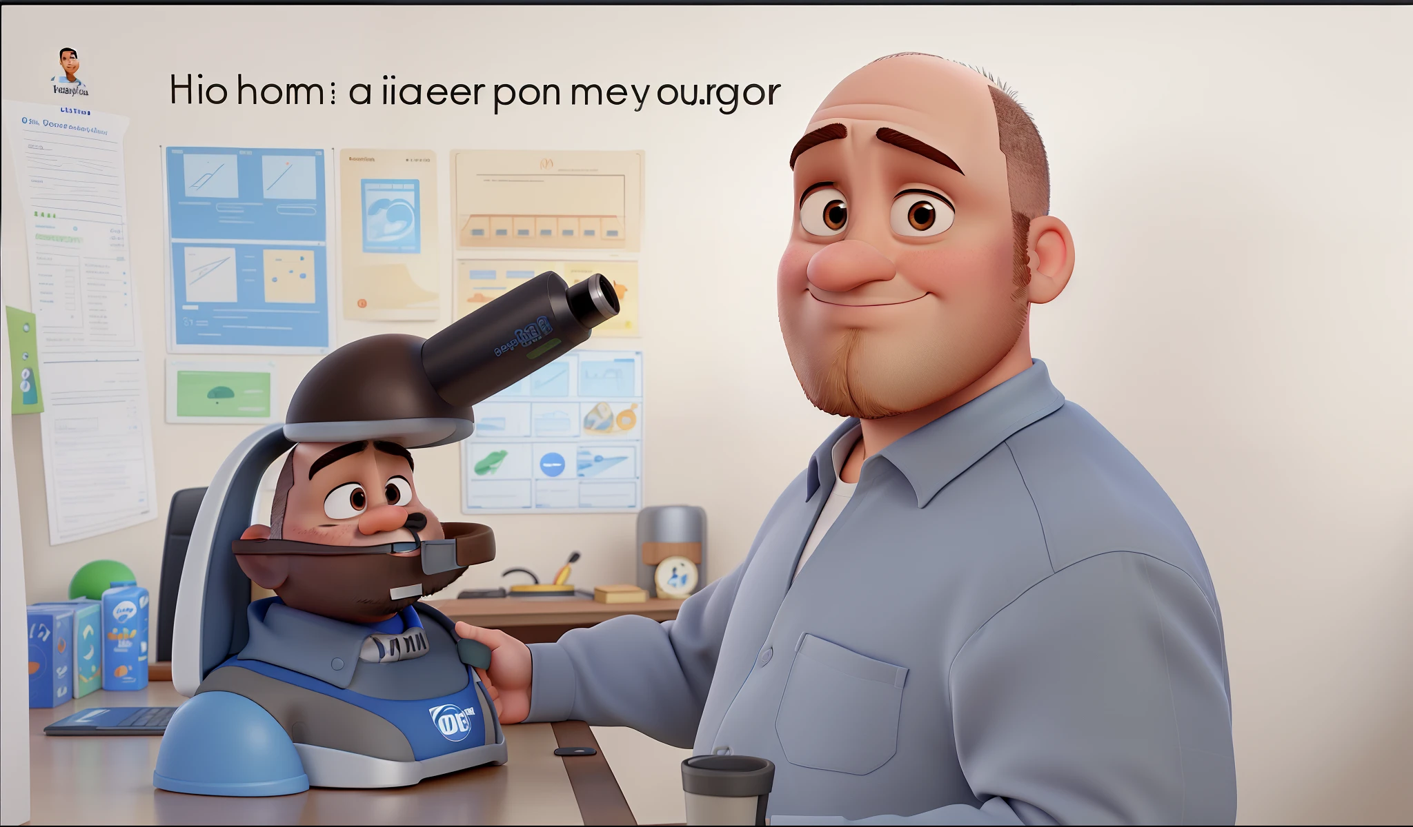 Um homem estilo disney pixar, alta qualidade, melhor qualidade, Round face Thin nose and mouth Bald with no hair on top on top of the head Beard growing under microscope Brown eyes and hair Chubby round face