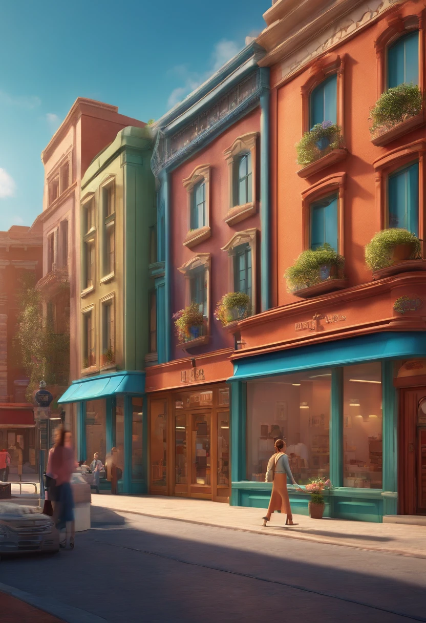 3d pixar style drawing of a slimming clinic in the city center with a character in the foreground