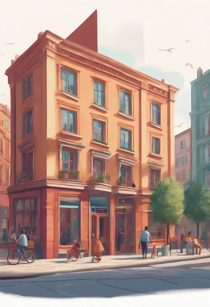 3d pixar style drawing of a slimming clinic in the city center with a character in the foreground