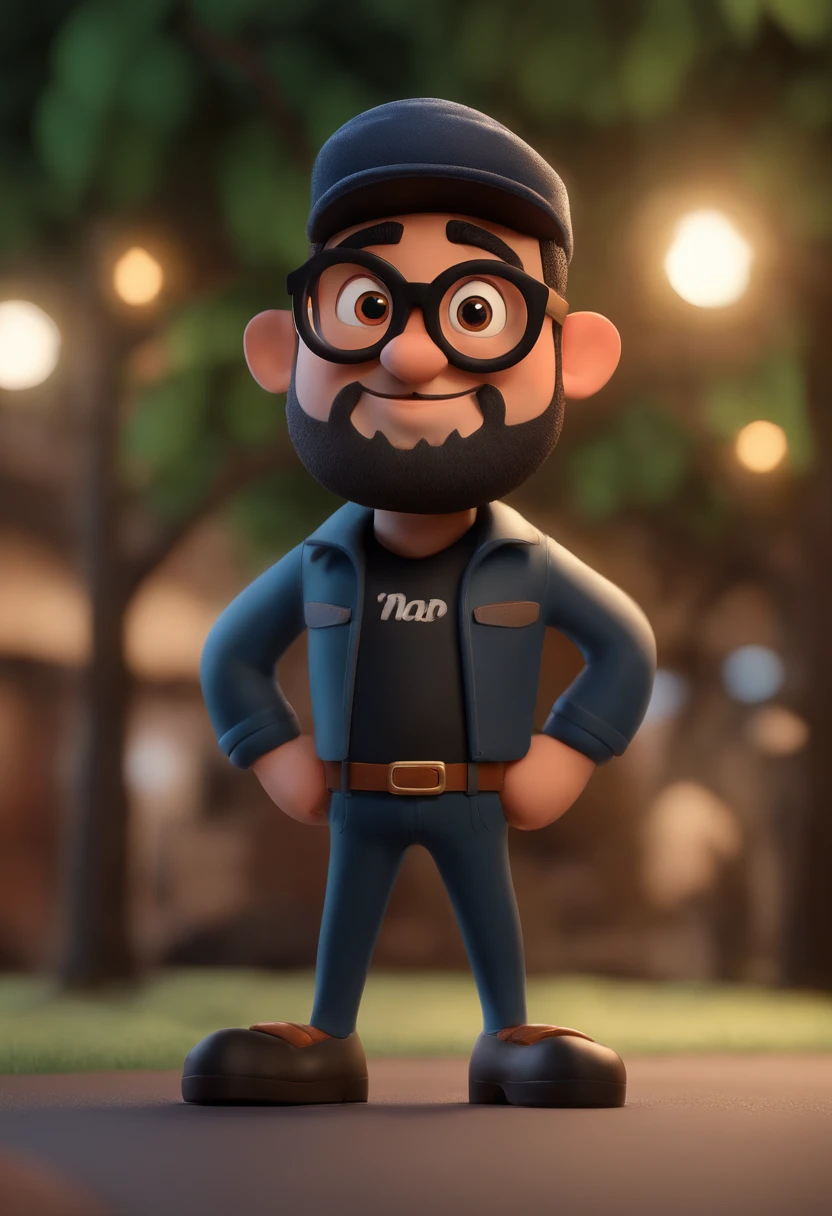 Cartoon character of a bearded man with round black glasses, Black cap and a black shirt, animation character, Caractere estilizado, animation style rendering, 3D estilizado, Arnold Maya render, 3 d render stylized, toon render keyshot, Personagem 3D, Personagem 3D, 3d rendering stylized, 3 d character render, personagem de desenho animado, Personagem de close up, Pose de personagem, (Estilo Pixar) (master part:1.2) (Bokeh) (melhor qualidade) (pele detalhada) (textura detalhada) (8k) (argila) (Cinematic lighting) (foco nítido