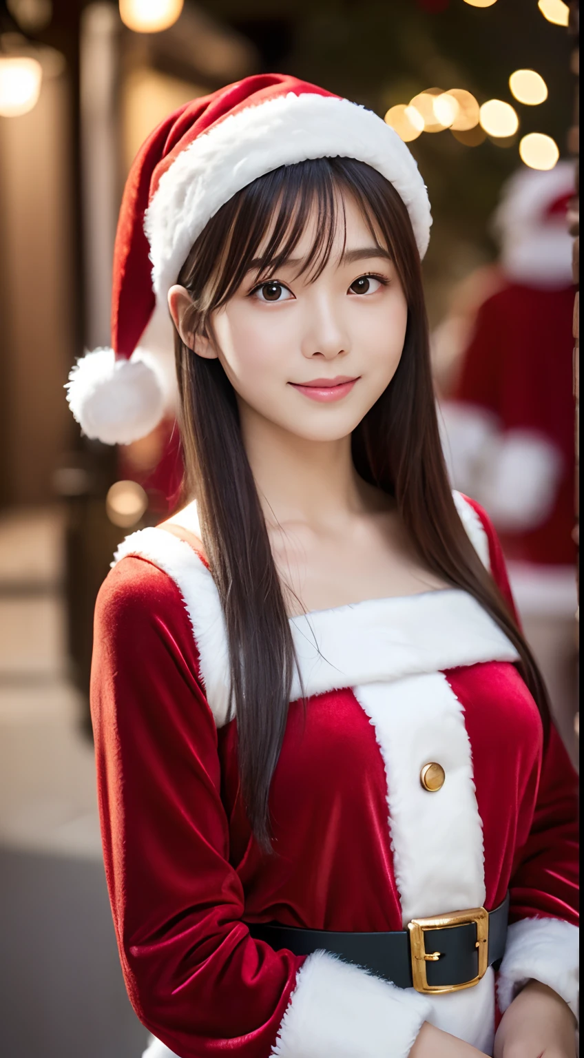 tre anatomically correct,Masterpiece of,High image quality,(Cute Santa Claus costumes:1.5),(The material of the costume is fine velvet:1.4),(The white fur part of the costume is mink., Accentuate the fluffiness:1.4),20 years old, Japan Female, (Random posture:1.4),Professional Lighting,((Japan Hair Smooth Straight Hair)),((Natural smile)),The ultra-detailliert、High quality textures、intricate detailes、detaileds、Very detailed CG、High quality shadows、Detail Beautiful delicate face、Detail Beautiful delicate eyes、depth of fields、Ray traching,1girl in, japanaese girl, Fashion Model, slender,Warm atmosphere,Outdoors with a Christmas atmosphere