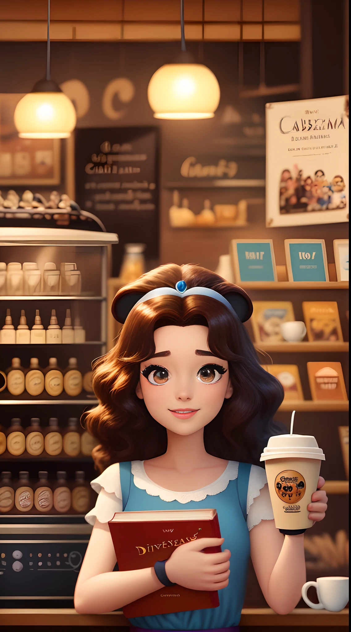 Disney Pixar inspired movie poster , livros , coffee shop , cabelo preto comprido , Disney princesa , inverno